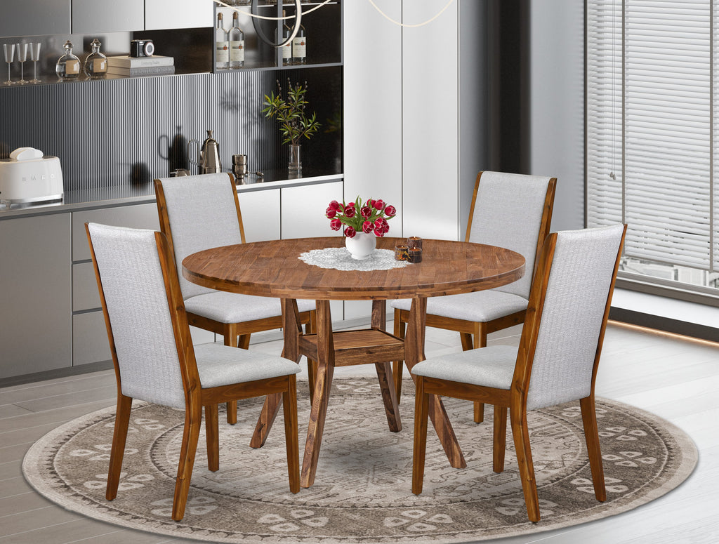 Luxe by East West Furniture I8LA5-50N-05 5-Pc Kitchen Set Includes a Pedestal Dining Table and 4 Grey Linen Fabric Parson Chairs with High Back - Antique Walnut Finish