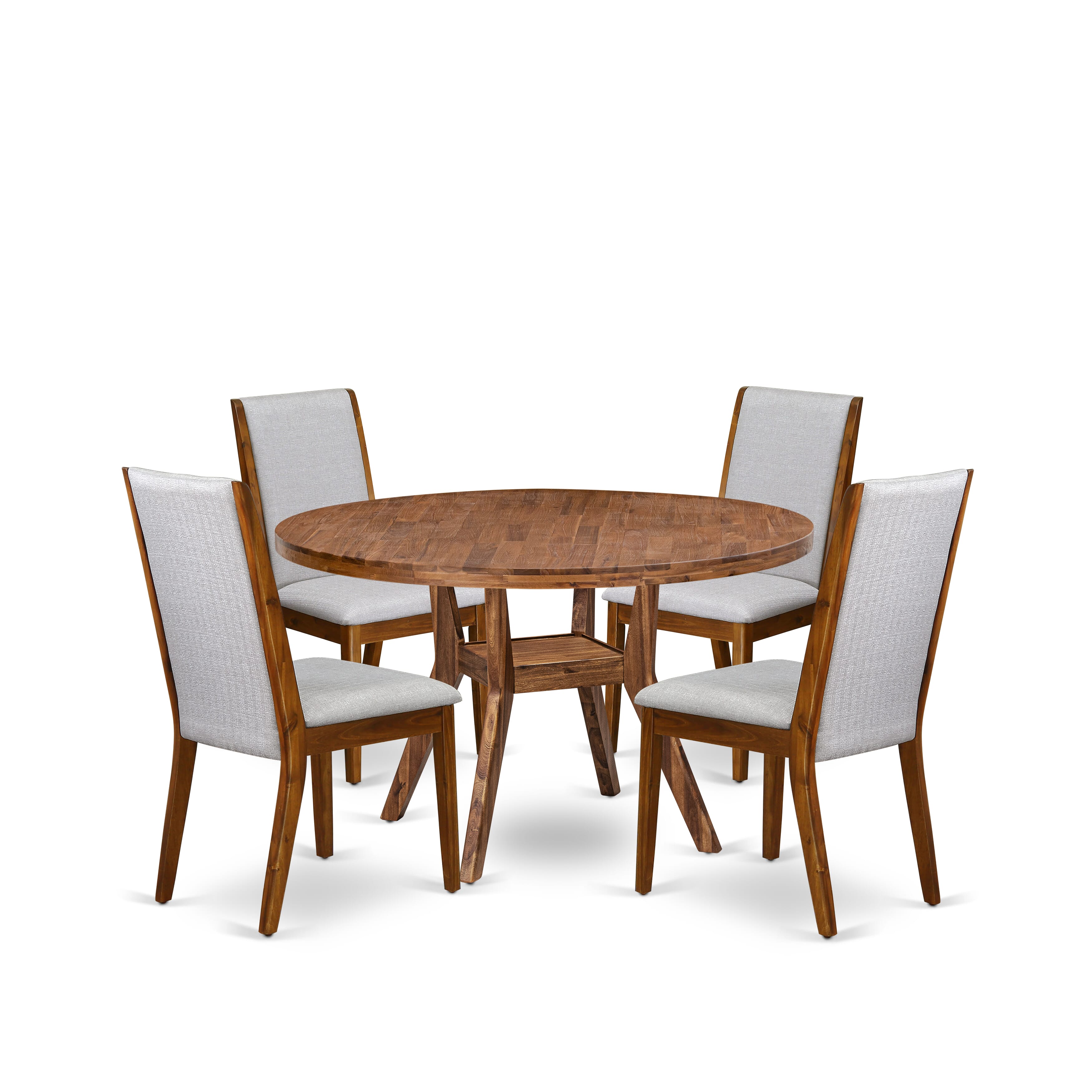 Luxe by East West Furniture I8LA5-50N-05 5-Pc Kitchen Set Includes a Pedestal Dining Table and 4 Grey Linen Fabric Parson Chairs with High Back - Antique Walnut Finish
