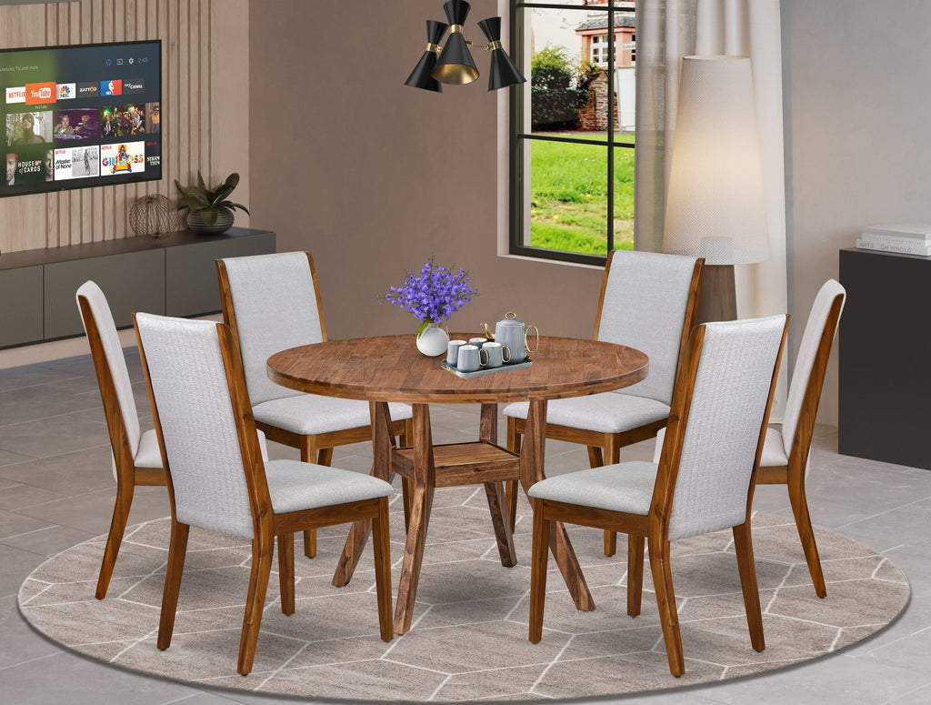 Luxe by East West Furniture I8LA7-40N-05 7-Pc Modern Dining Set consists of a Pedestal Dinner Table and 6 Grey Linen Fabric Dinner Chairs with High Back - Antique Walnut