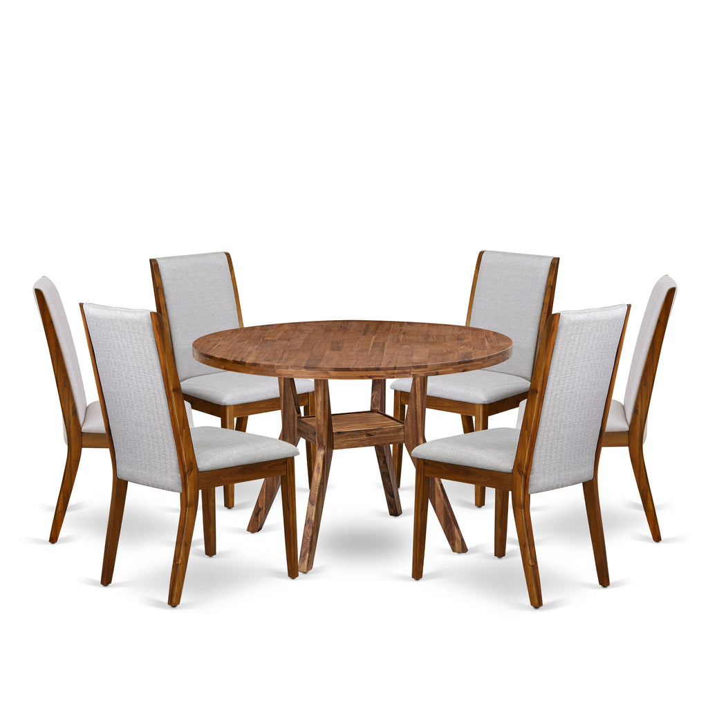 Luxe by East West Furniture I8LA7-40N-05 7-Pc Modern Dining Set consists of a Pedestal Dinner Table and 6 Grey Linen Fabric Dinner Chairs with High Back - Antique Walnut
