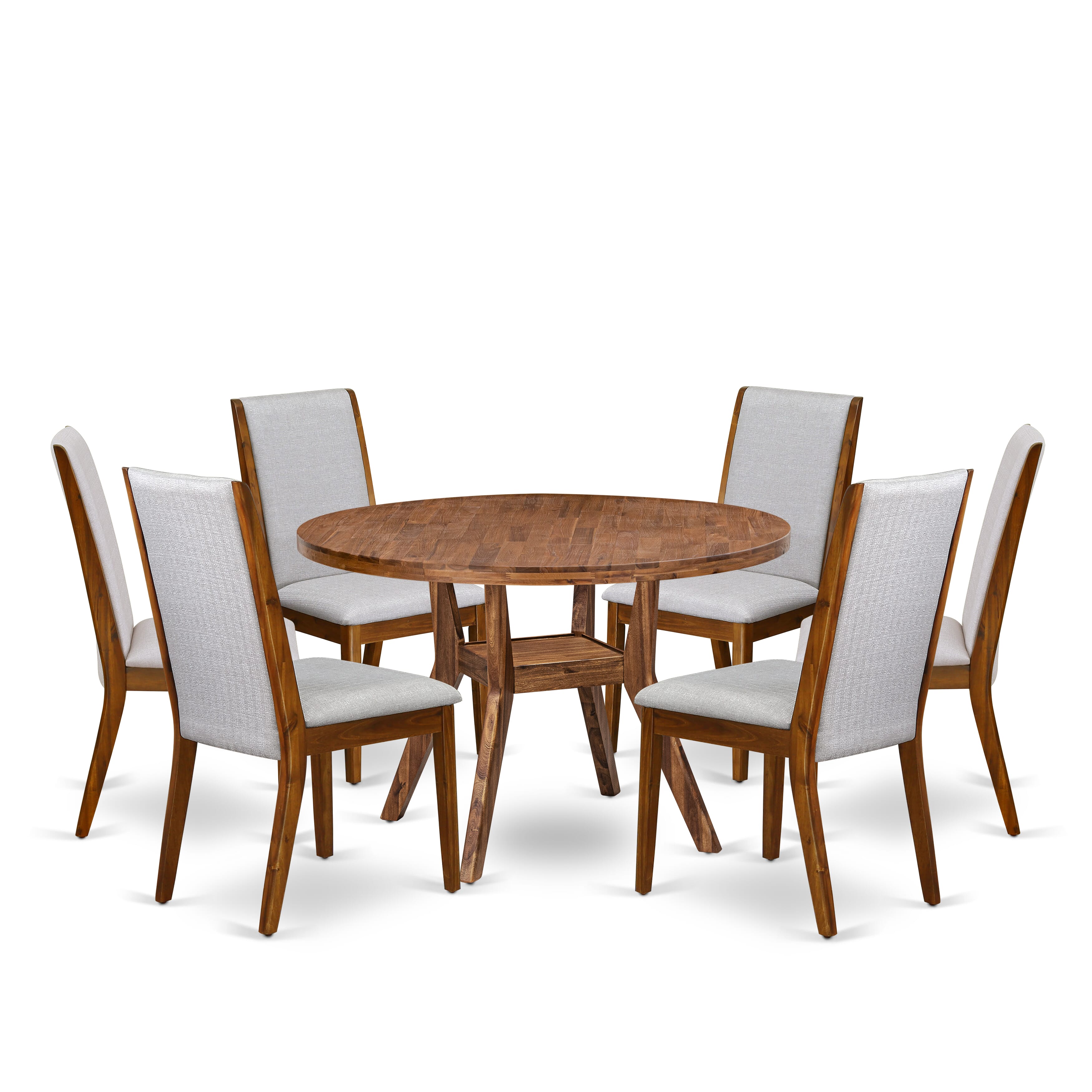 Luxe by East West Furniture I8LA7-40N-05 7-Pc Modern Dining Set consists of a Pedestal Dinner Table and 6 Grey Linen Fabric Dinner Chairs with High Back - Antique Walnut