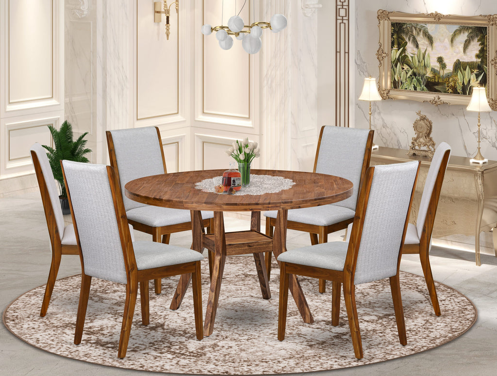 Luxe by East West Furniture I8LA7-50N-05 7-Pc Dining Set consists of a Pedestal Dinner Table and 6 Grey Linen Fabric Padded Chairs with High Back - Antique Walnut Finish