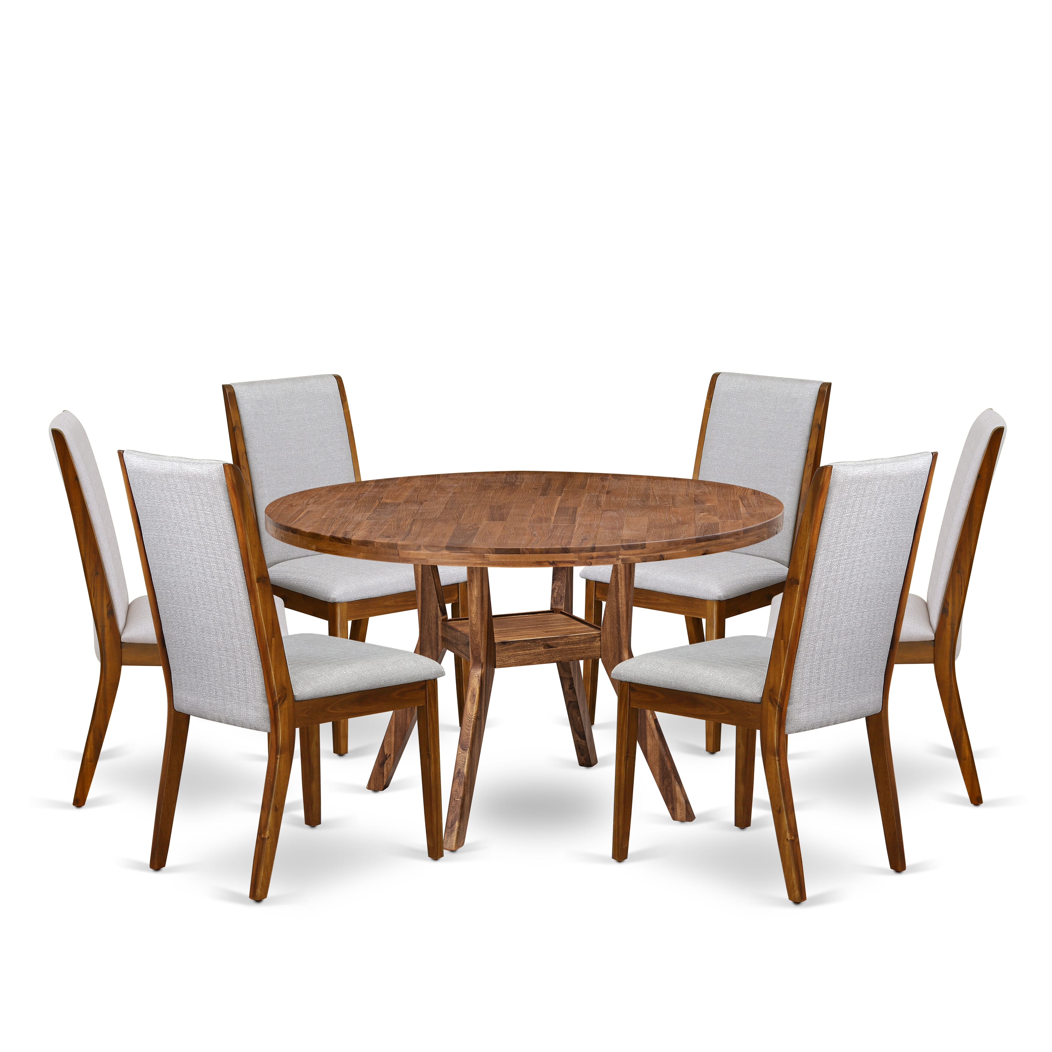 Luxe by East West Furniture I8LA7-50N-05 7-Pc Dining Set consists of a Pedestal Dinner Table and 6 Grey Linen Fabric Padded Chairs with High Back - Antique Walnut Finish