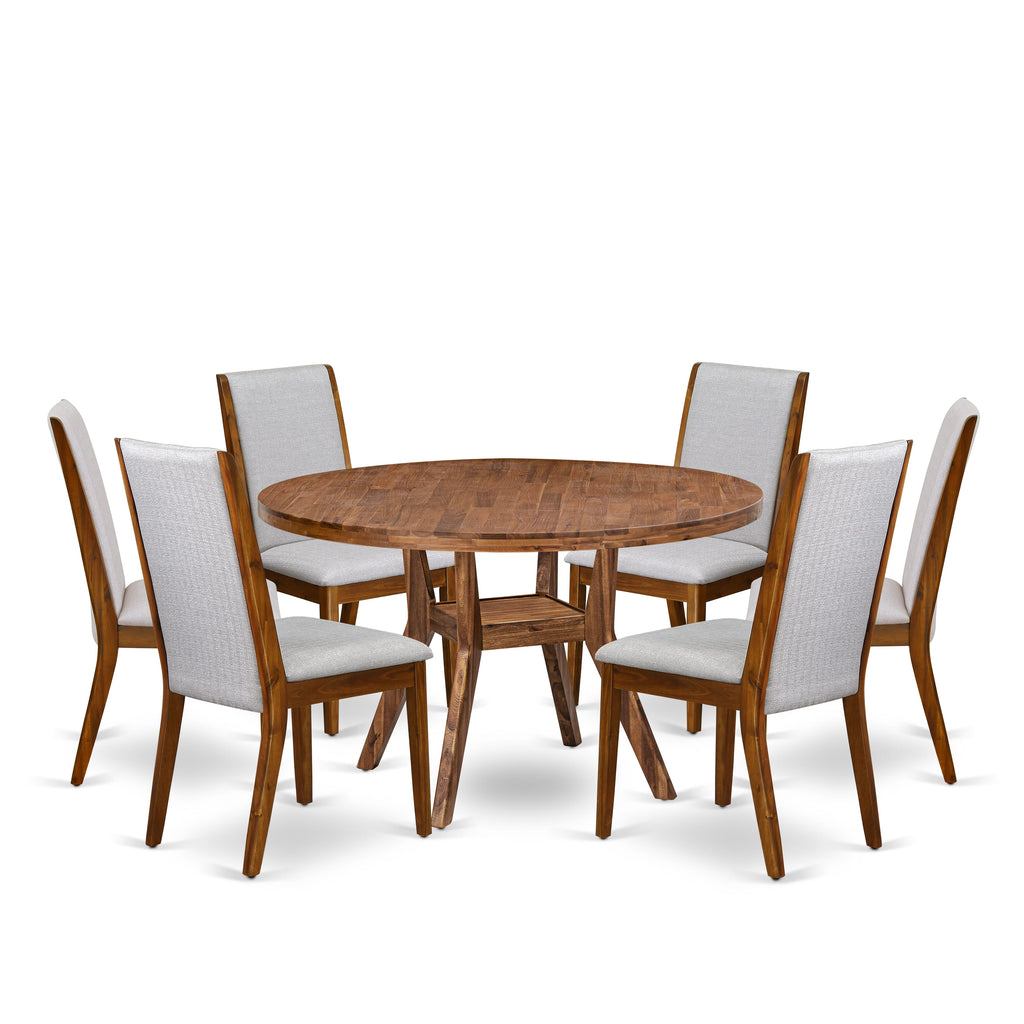 Luxe by East West Furniture I8LA7-50N-05 7-Pc Dining Set consists of a Pedestal Dinner Table and 6 Grey Linen Fabric Padded Chairs with High Back - Antique Walnut Finish
