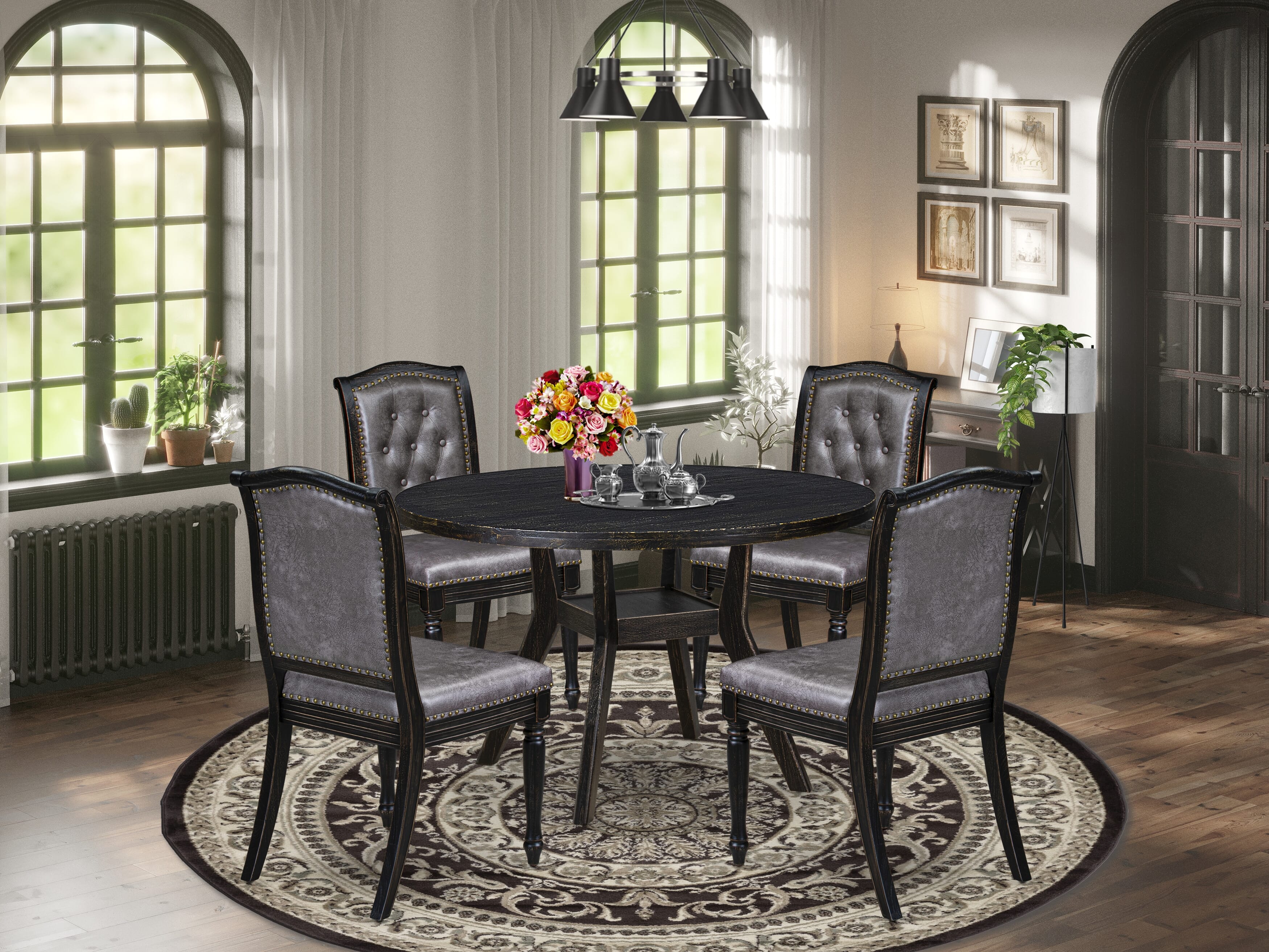 Luxe by East West Furniture I8MA5-411-34 5-piece Modern Dining Set with Polyester 4 Dark Gray Modern chairs, Button tufted Back, and A Kitchen Table in Sand Blasting Black Finish.