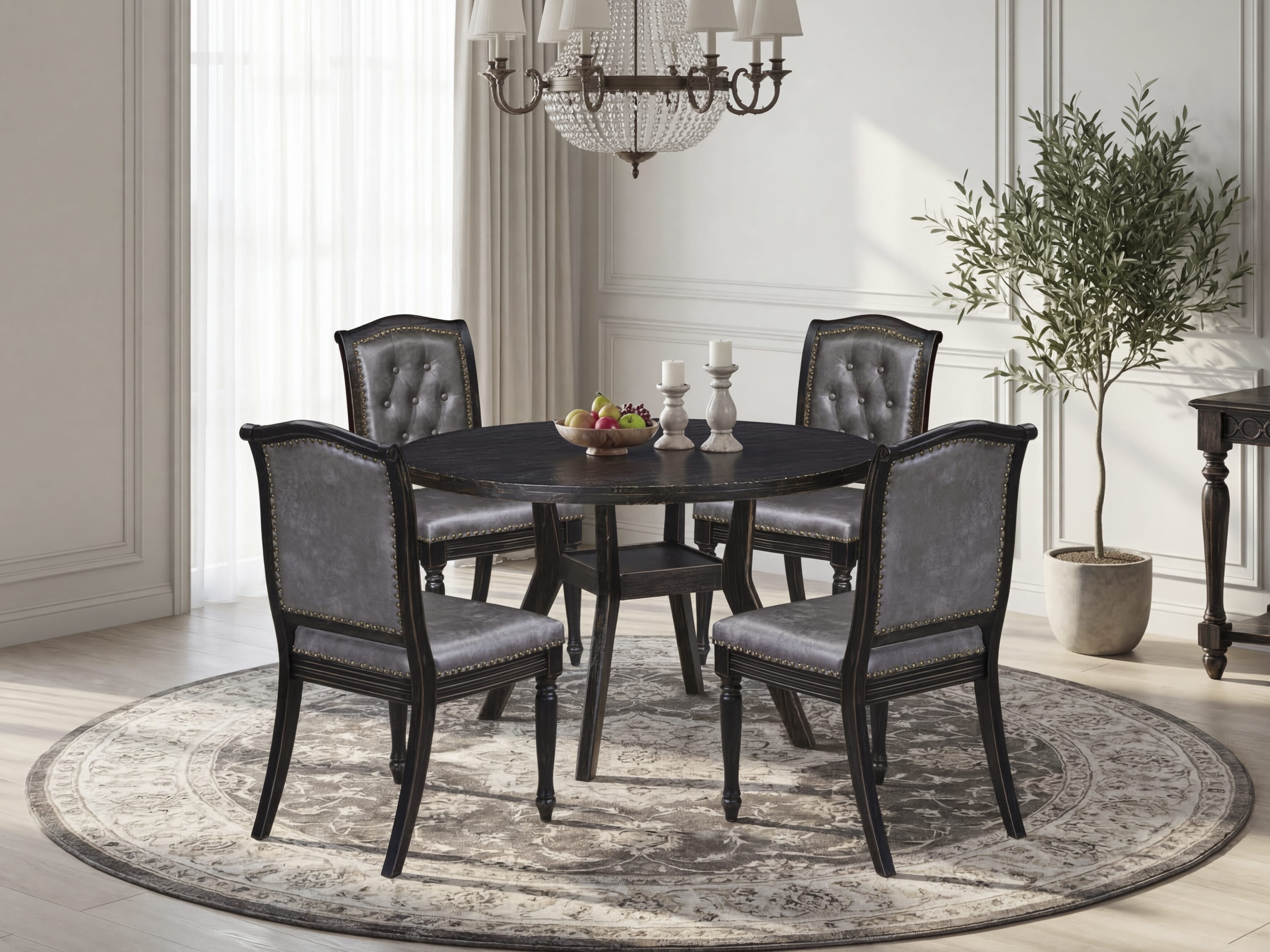 Luxe by East West Furniture I8MA5-411-34 5-piece Modern Dining Set with Polyester 4 Dark Gray Modern chairs, Button tufted Back, and A Kitchen Table in Sand Blasting Black Finish.