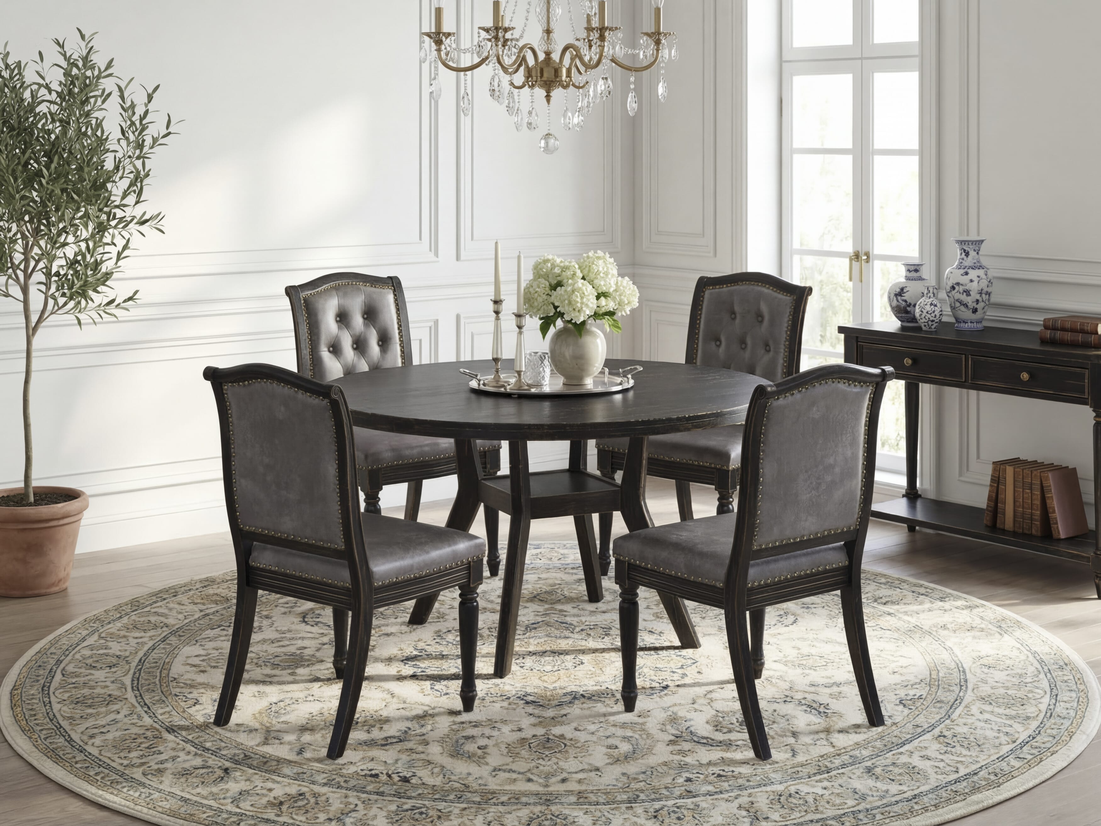 Luxe by East West Furniture I8MA5-511-34 5-piece Dining Set with Polyester 4 Dark Gray Padded chairs, Button tufted Back, and A Dining Room Table in Sand Blasting Black Finish.