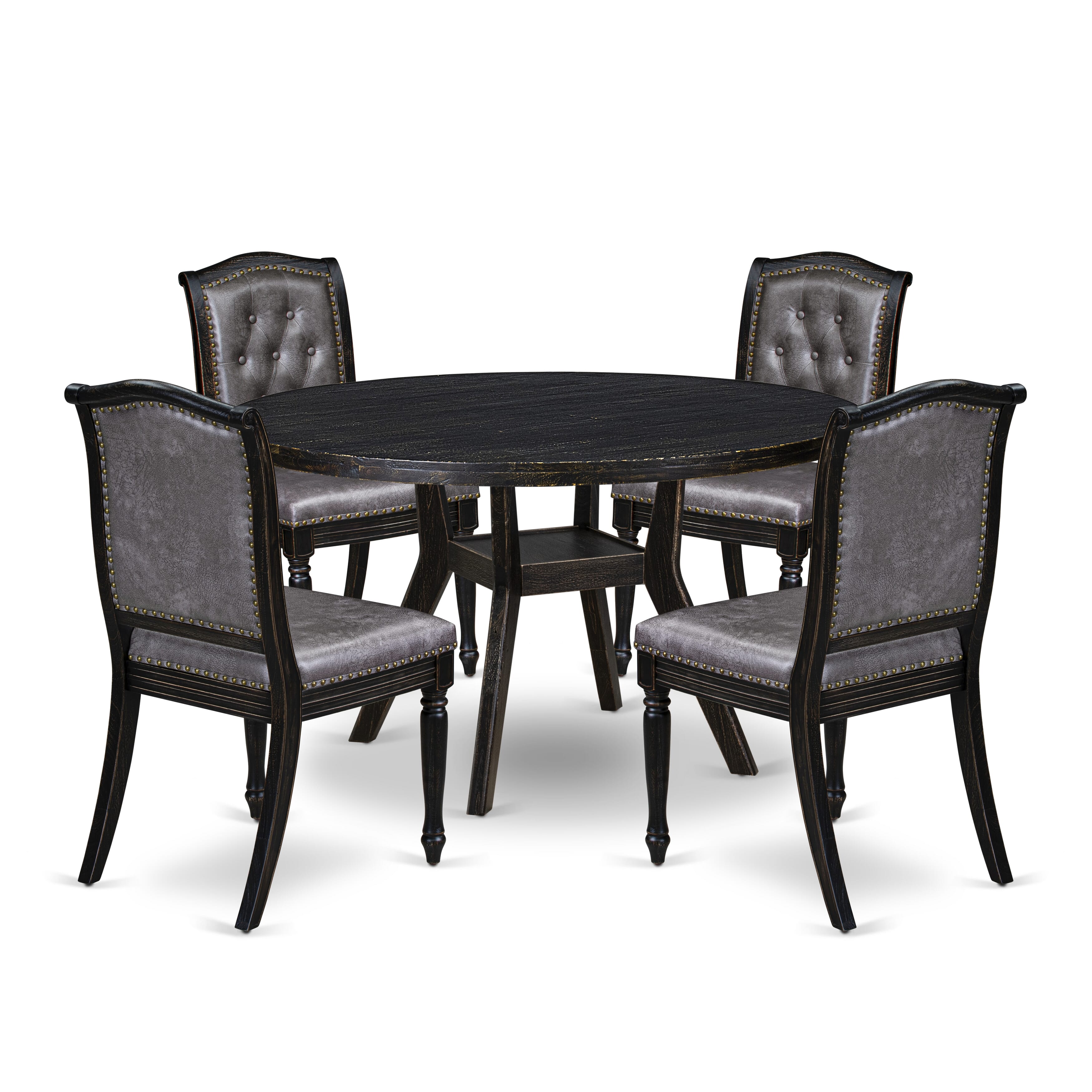 Luxe by East West Furniture I8MA5-511-34 5-piece Dining Set with Polyester 4 Dark Gray Padded chairs, Button tufted Back, and A Dining Room Table in Sand Blasting Black Finish.