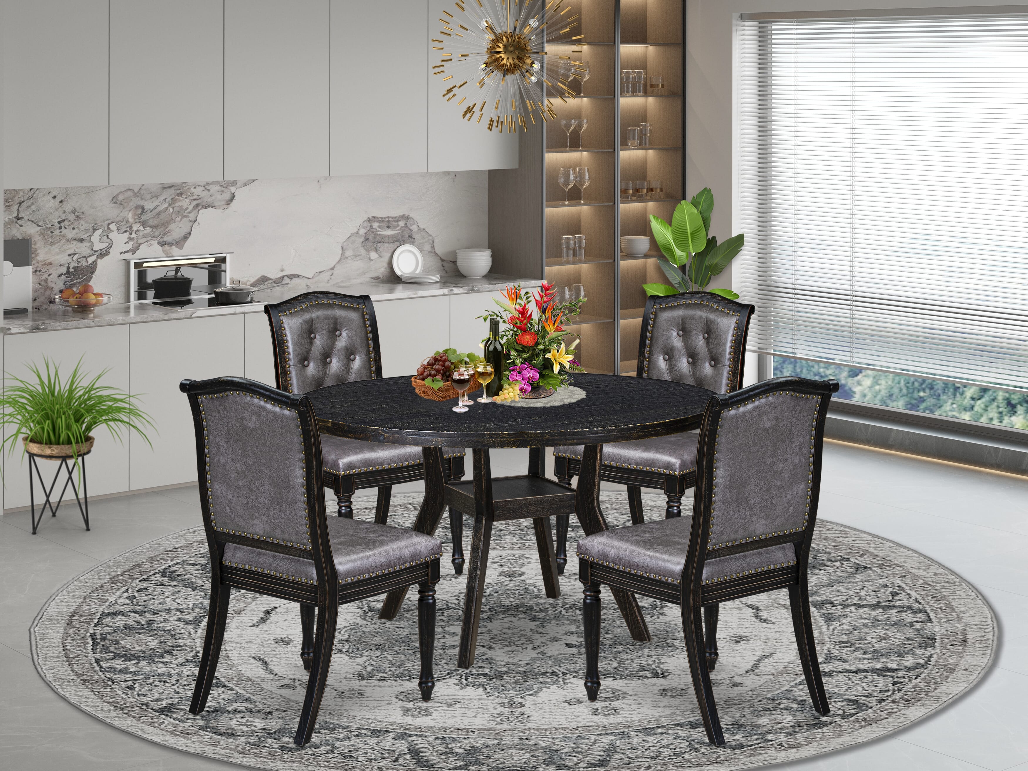Luxe by East West Furniture I8MA5-511-34 5-piece Dining Set with Polyester 4 Dark Gray Padded chairs, Button tufted Back, and A Dining Room Table in Sand Blasting Black Finish.