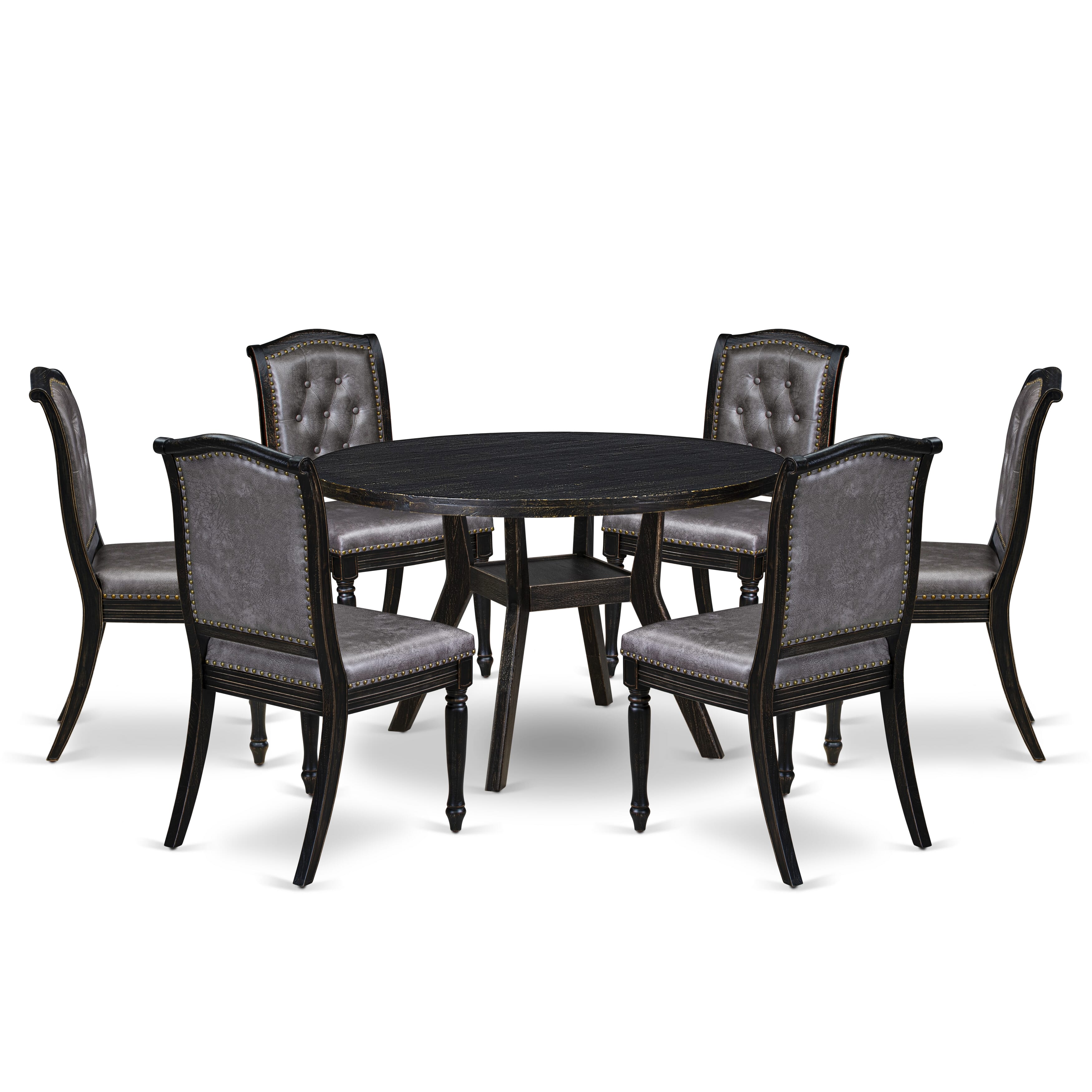 Luxe by East West Furniture I8MA7-411-34 7-Piece Mid-century Kitchen Table Set with Polyester 6 Dark Gray kitchen chairs, Button tufted Back, and A Dining Table in Sand Blasting Black Finish.