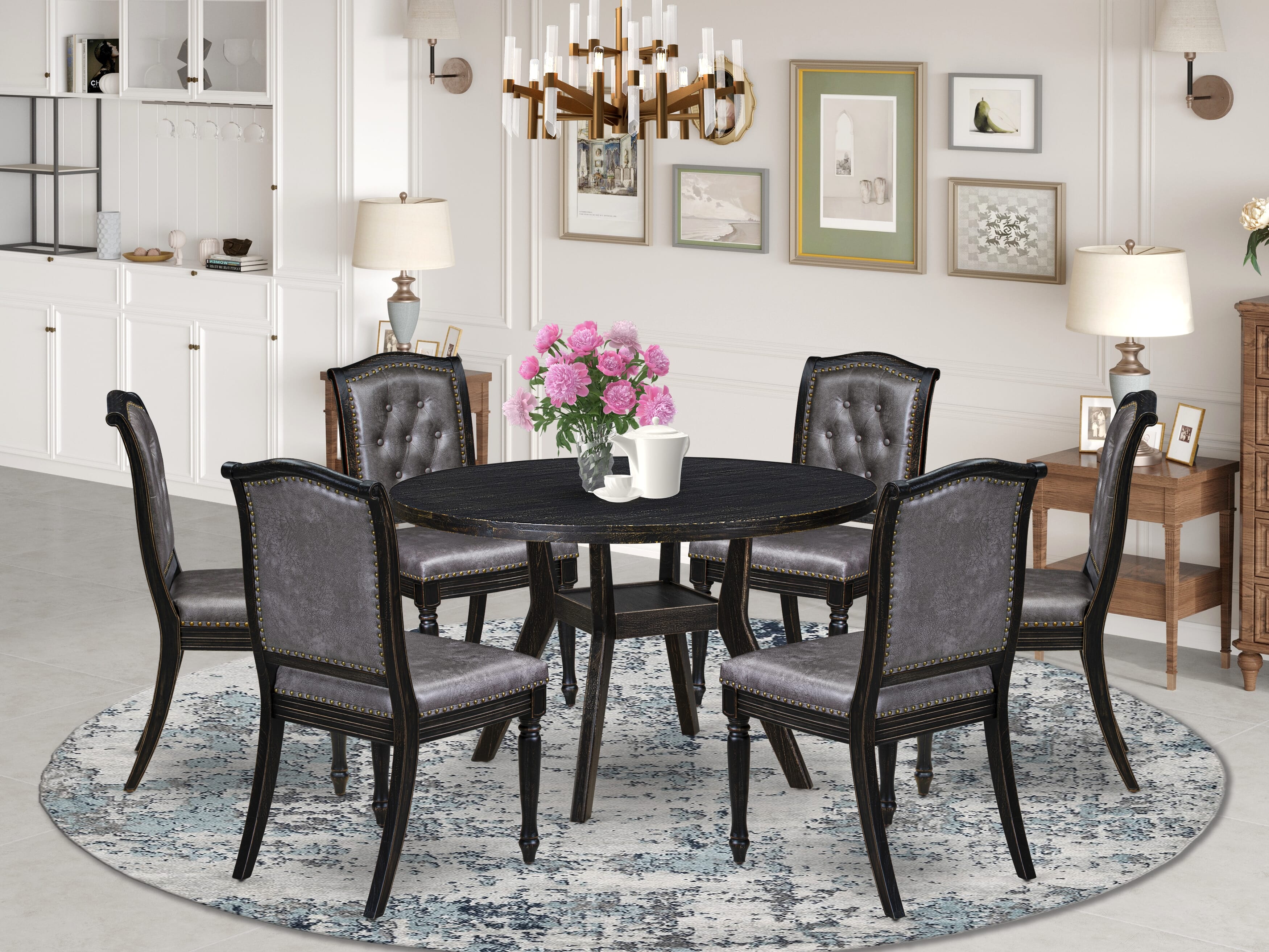 Luxe by East West Furniture I8MA7-411-34 7-Piece Mid-century Kitchen Table Set with Polyester 6 Dark Gray kitchen chairs, Button tufted Back, and A Dining Table in Sand Blasting Black Finish.