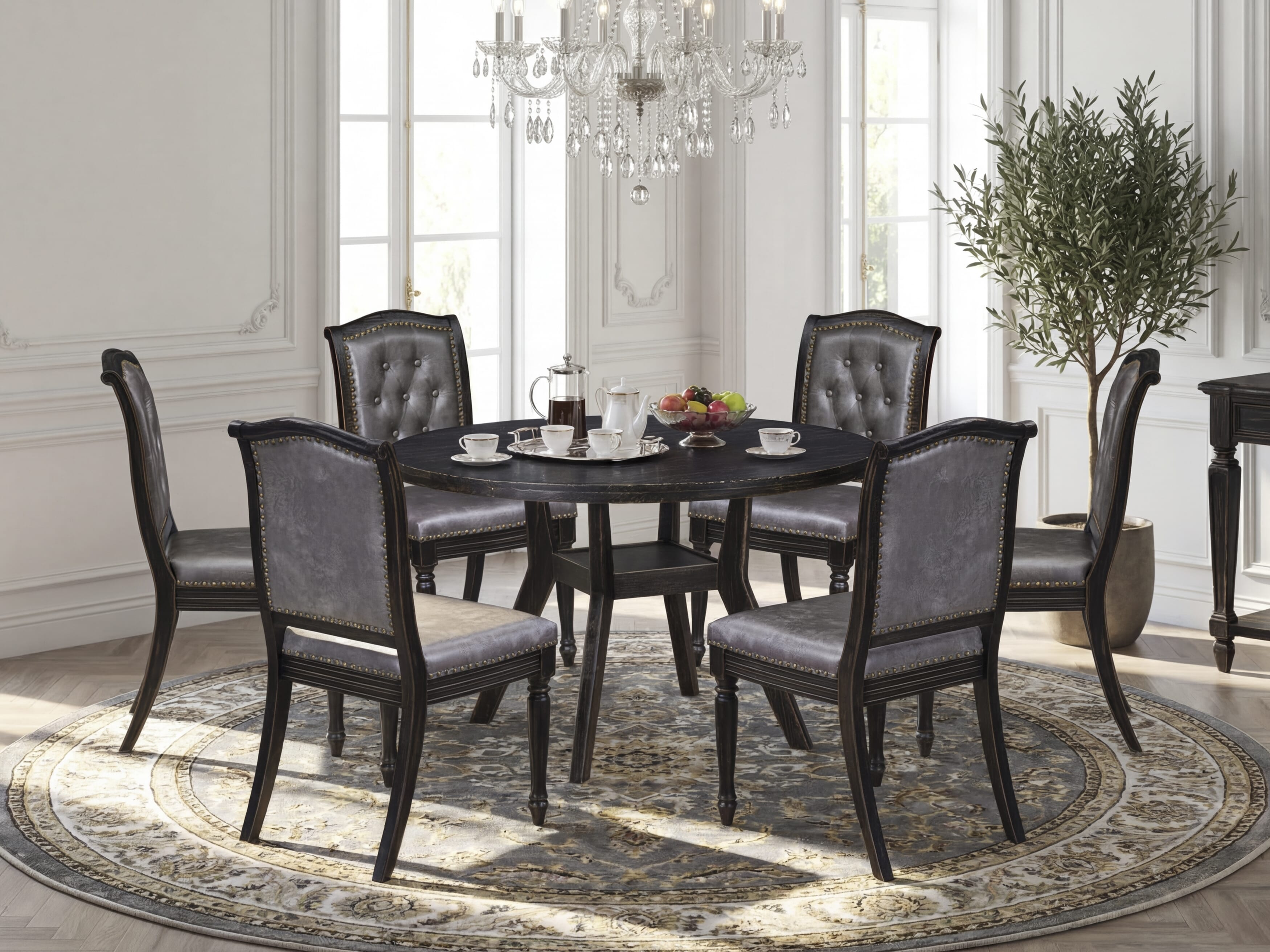 Luxe by East West Furniture I8MA7-411-34 7-Piece Mid-century Kitchen Table Set with Polyester 6 Dark Gray kitchen chairs, Button tufted Back, and A Dining Table in Sand Blasting Black Finish.