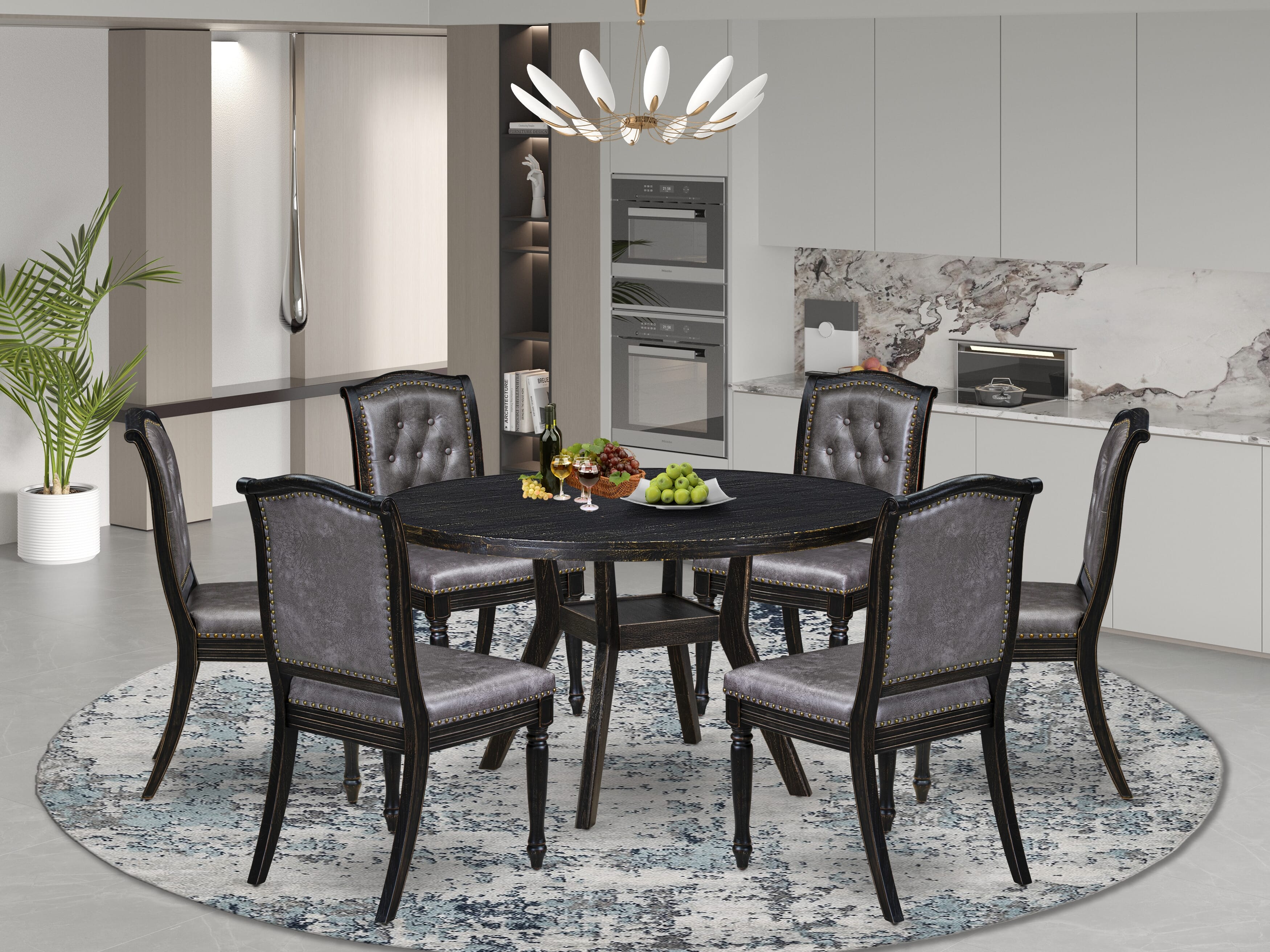 Luxe by East West Furniture I8MA7-511-34 7-Piece Kitchen Table Set with Polyester 6 Dark Gray upholstered chairs, Button tufted Back, and A Wooden Table in Sand Blasting Black Finish.