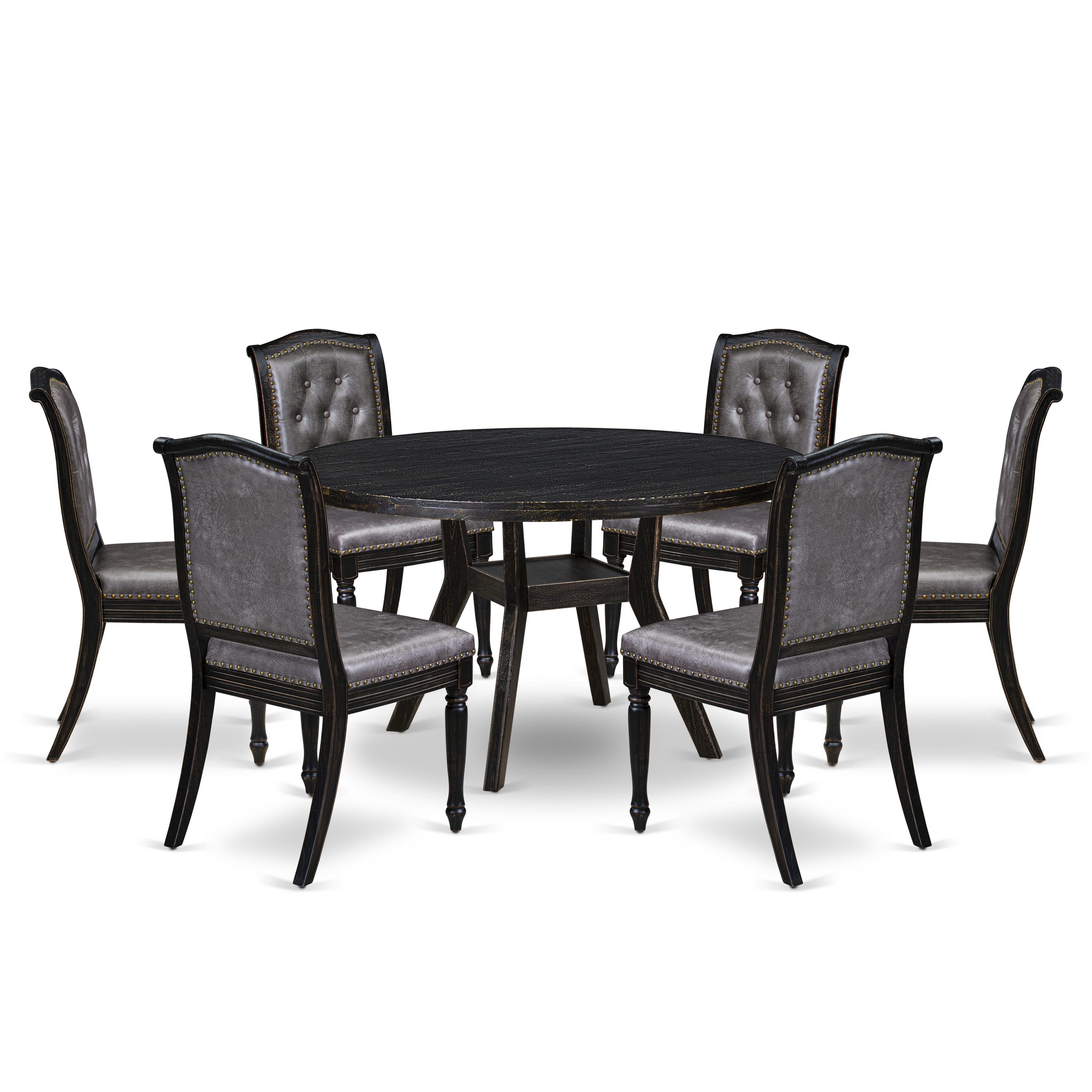 Luxe by East West Furniture I8MA7-511-34 7-Piece Kitchen Table Set with Polyester 6 Dark Gray upholstered chairs, Button tufted Back, and A Wooden Table in Sand Blasting Black Finish.