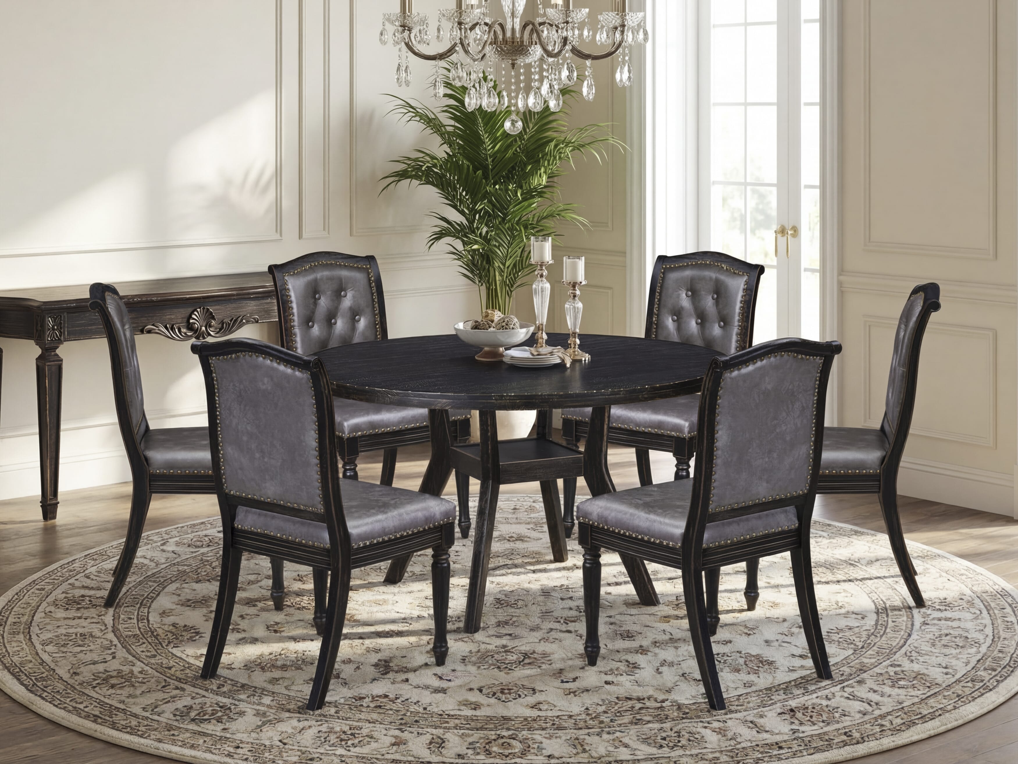Luxe by East West Furniture I8MA7-511-34 7-Piece Kitchen Table Set with Polyester 6 Dark Gray upholstered chairs, Button tufted Back, and A Wooden Table in Sand Blasting Black Finish.