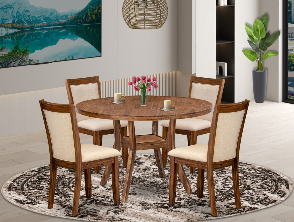 Luxe by East West Furniture I8MZ5-40N-02 5-Pc Kitchen Table Set consists of a Pedestal Table and 4 Light Beige Linen Fabric Kitchen Chairs with Padded Back - Antique Walnut