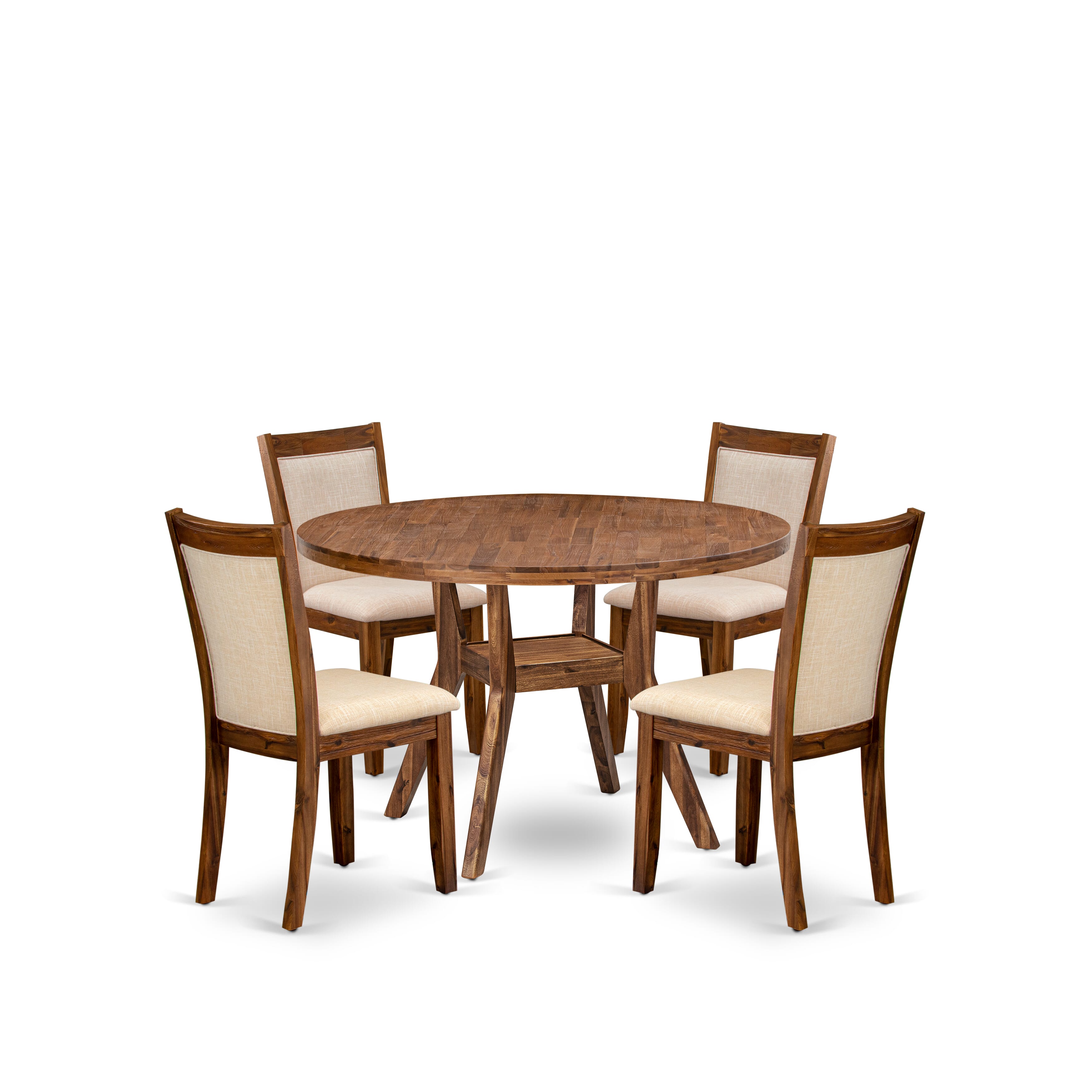 Luxe by East West Furniture I8MZ5-40N-02 5-Pc Kitchen Table Set consists of a Pedestal Table and 4 Light Beige Linen Fabric Kitchen Chairs with Padded Back - Antique Walnut