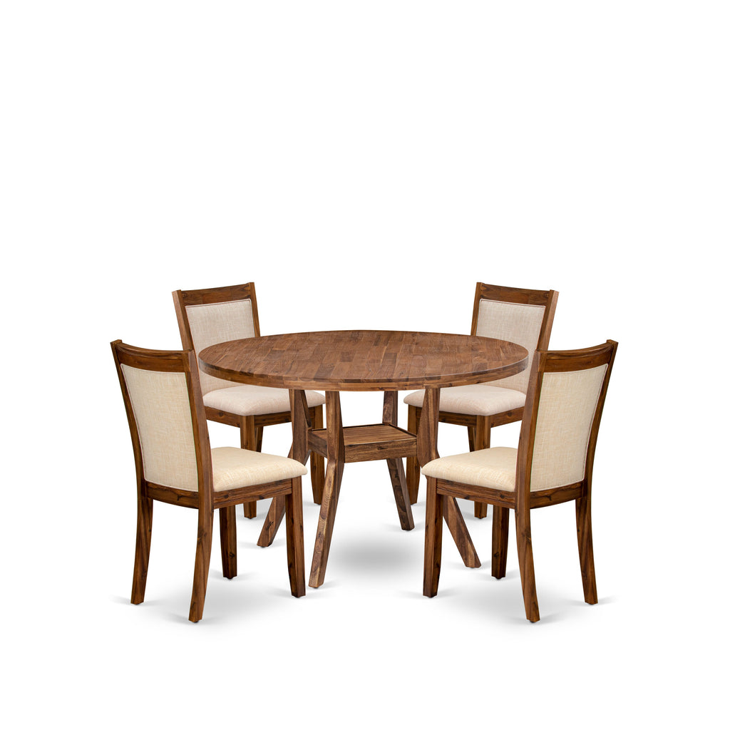 Luxe by East West Furniture I8MZ5-40N-02 5-Pc Kitchen Table Set consists of a Pedestal Table and 4 Light Beige Linen Fabric Kitchen Chairs with Padded Back - Antique Walnut