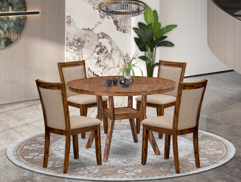 Luxe by East West Furniture I8MZ5-40N-04 5-Pc Dining Set Includes a Pedestal Dinner Table and 4 Light Tan Linen Fabric Kitchen Chairs with Padded Back - Antique Walnut Finish