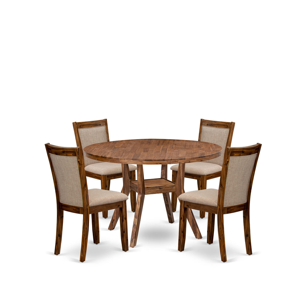 Luxe by East West Furniture I8MZ5-40N-04 5-Pc Dining Set Includes a Pedestal Dinner Table and 4 Light Tan Linen Fabric Kitchen Chairs with Padded Back - Antique Walnut Finish