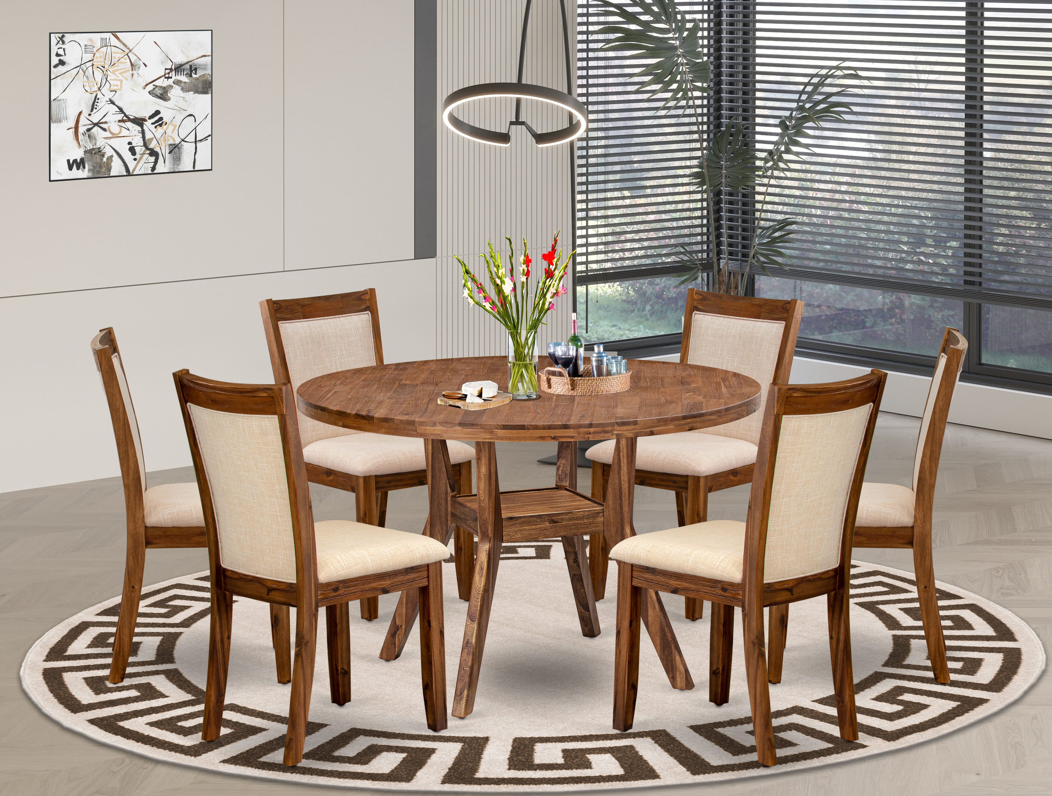 Luxe by East West Furniture I8MZ7-40N-02 7-Pc Dining Table Set Includes a Pedestal Dining Table and 6 Light Beige Linen Fabric Parson Chairs with Padded Back - Antique Walnut