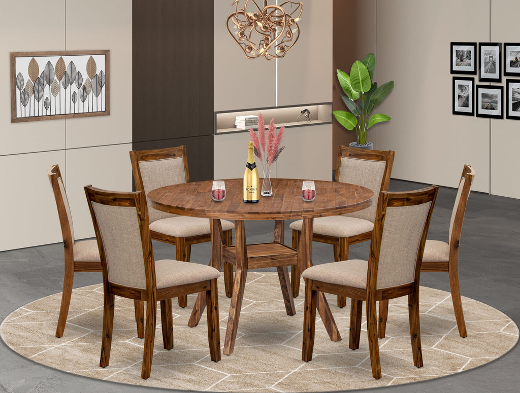 Luxe by East West Furniture I8MZ7-40N-04 7-Pc Kitchen Set consists of a Pedestal Breakfast Table and 6 Light Tan Linen Fabric Padded Chairs with Padded Back - Antique Walnut
