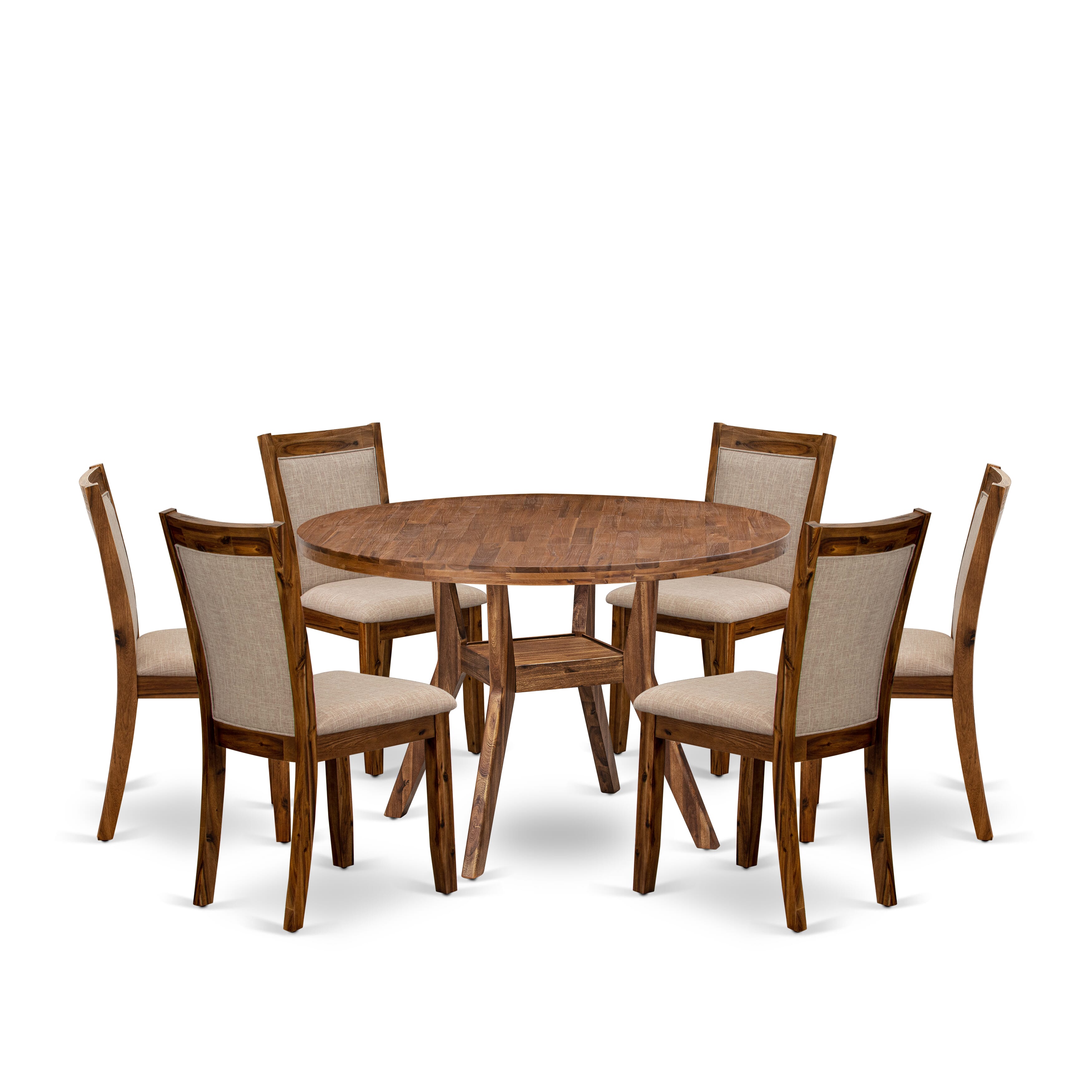 Luxe by East West Furniture I8MZ7-40N-04 7-Pc Kitchen Set consists of a Pedestal Breakfast Table and 6 Light Tan Linen Fabric Padded Chairs with Padded Back - Antique Walnut