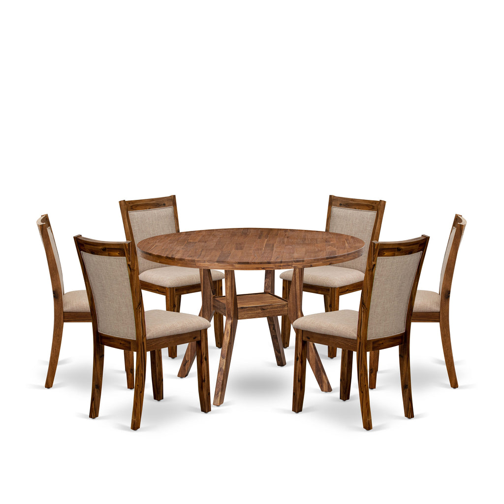 Luxe by East West Furniture I8MZ7-40N-04 7-Pc Kitchen Set consists of a Pedestal Breakfast Table and 6 Light Tan Linen Fabric Padded Chairs with Padded Back - Antique Walnut