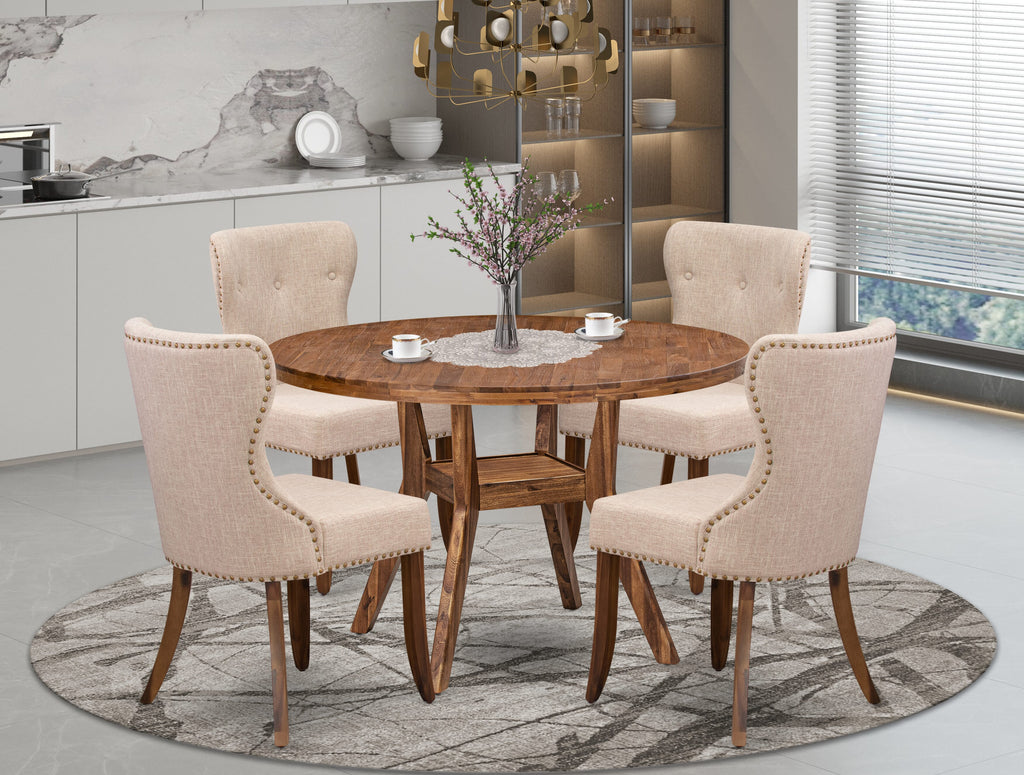 Luxe by East West Furniture I8SI5-40N-04 5 Piece Dining Set Consists of a 48" Round Kitchen Table with Pedestal and 4 Light Tan Linen Fabric Parson Chairs, Antique Walnut