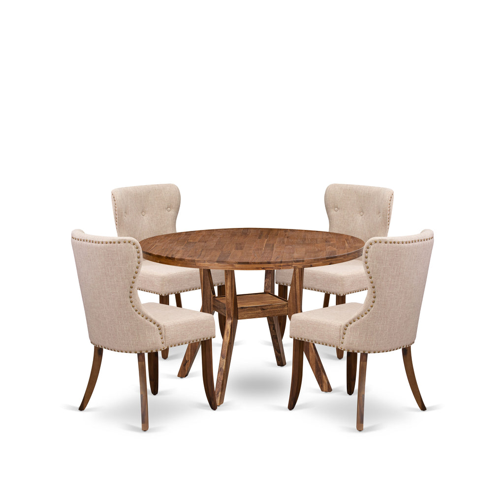 Luxe by East West Furniture I8SI5-40N-04 5 Piece Dining Set Consists of a 48" Round Kitchen Table with Pedestal and 4 Light Tan Linen Fabric Parson Chairs, Antique Walnut