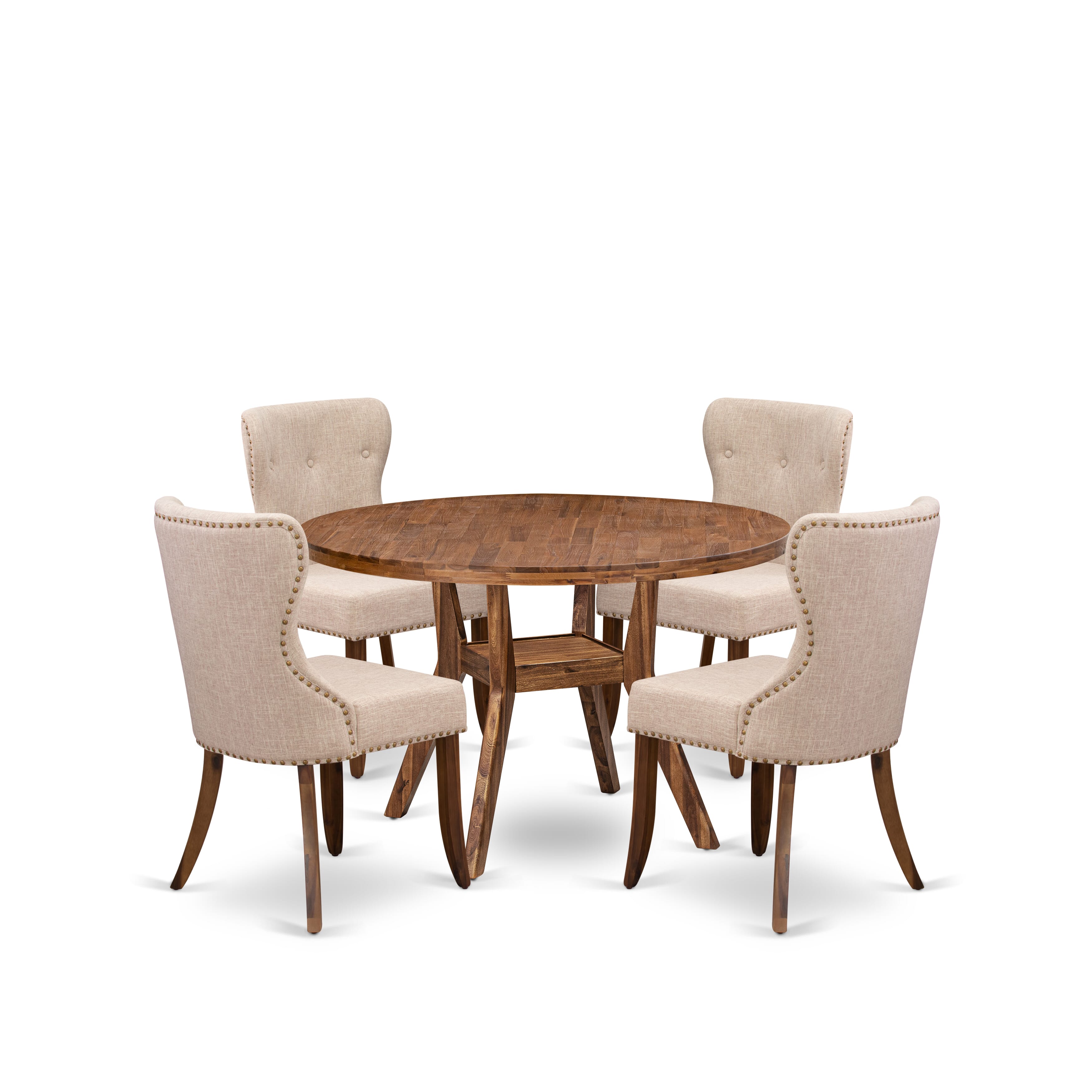 Luxe by East West Furniture I8SI5-40N-04 5 Piece Dining Set Consists of a 48" Round Kitchen Table with Pedestal and 4 Light Tan Linen Fabric Parson Chairs, Antique Walnut