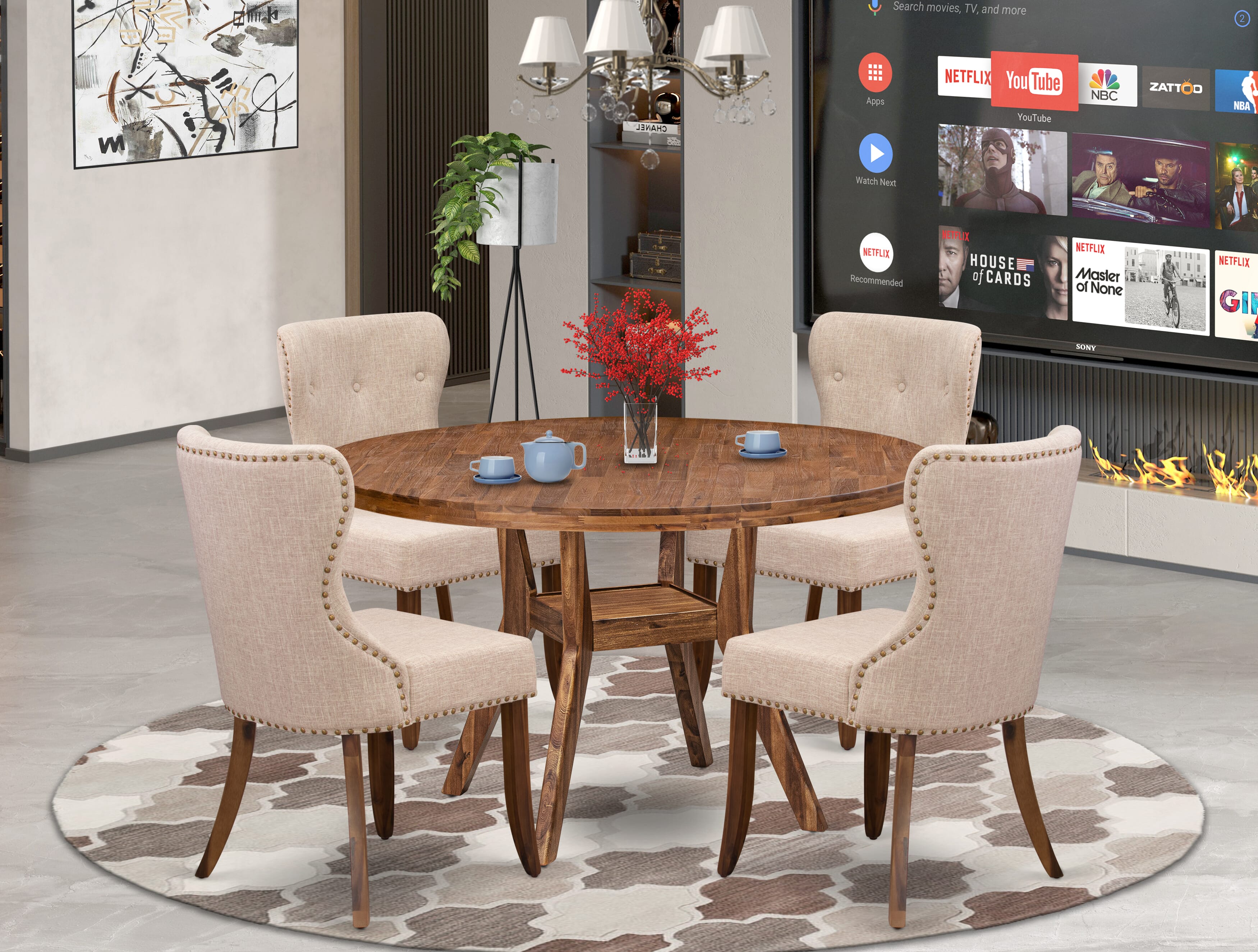 Luxe by East West Furniture I8SI5-50N-04 5 Piece Dinette Set for 4 Includes a 54" Round Table with Pedestal and 4 Light Tan Linen Fabric Parson Chairs, Antique Walnut