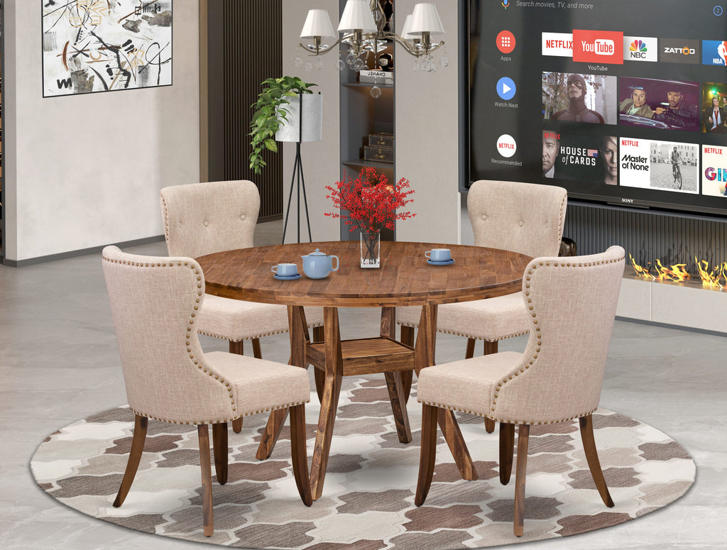 Luxe by East West Furniture I8SI5-50N-04 5 Piece Dinette Set for 4 Includes a 54" Round Table with Pedestal and 4 Light Tan Linen Fabric Parson Chairs, Antique Walnut
