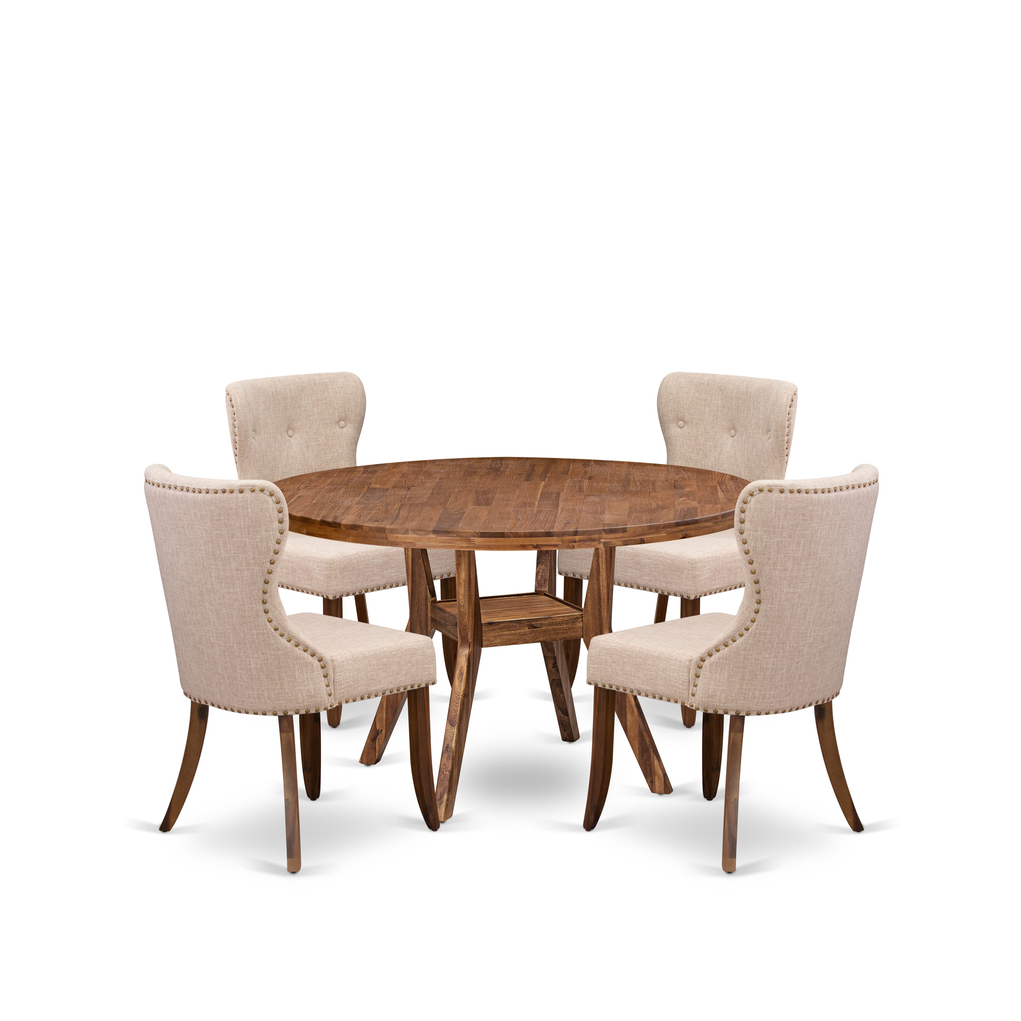 Luxe by East West Furniture I8SI5-50N-04 5 Piece Dinette Set for 4 Includes a 54" Round Table with Pedestal and 4 Light Tan Linen Fabric Parson Chairs, Antique Walnut