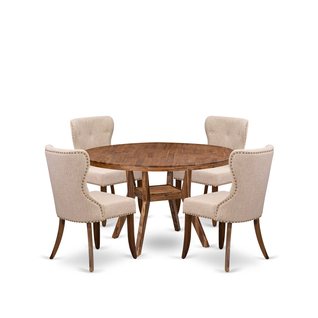 Luxe by East West Furniture I8SI5-50N-04 5 Piece Dinette Set for 4 Includes a 54" Round Table with Pedestal and 4 Light Tan Linen Fabric Parson Chairs, Antique Walnut
