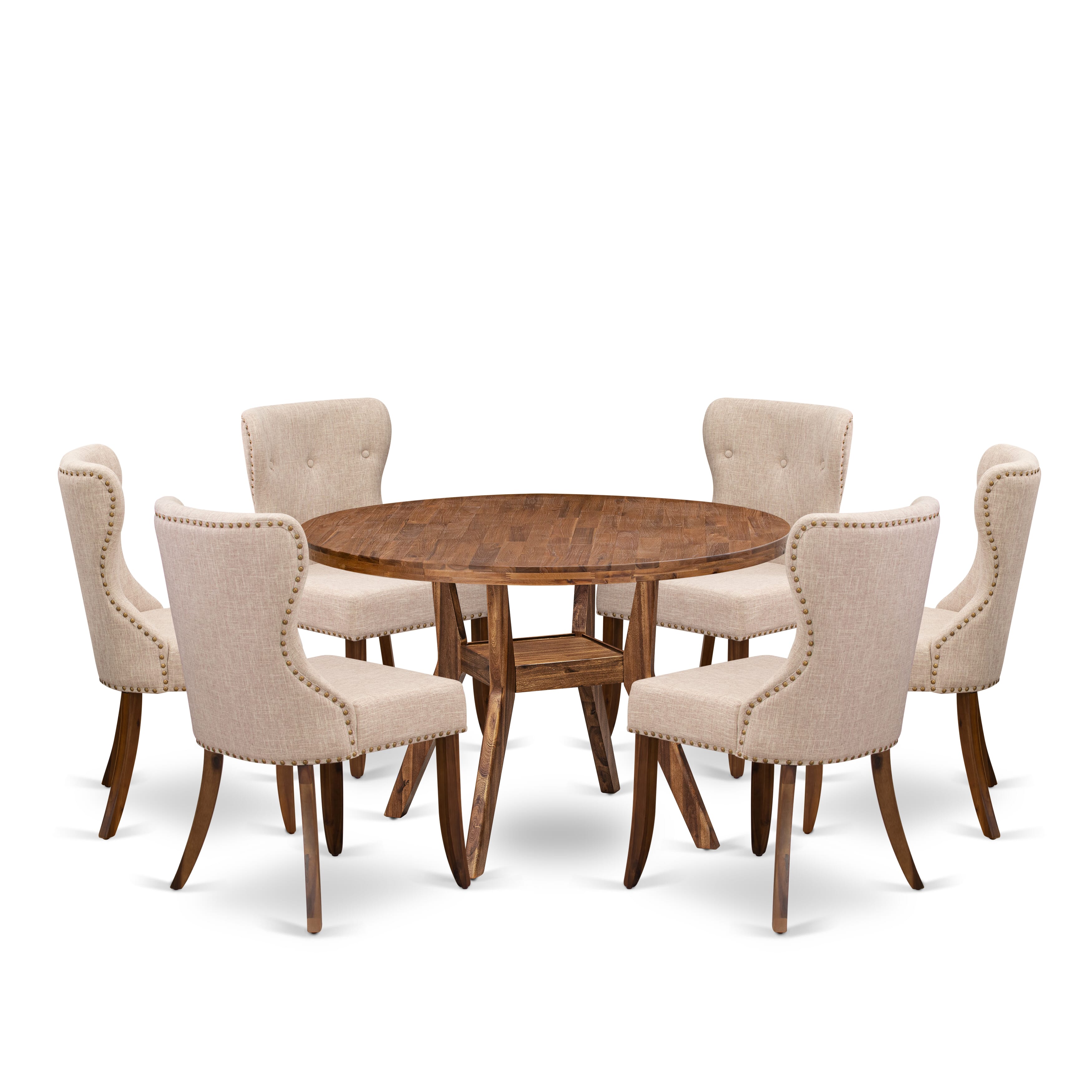 Luxe by East West Furniture I8SI7-40N-04 7 Piece Dining Set for 6 Contains a 48" Round Table with Pedestal and 6 Light Tan Linen Fabric Parson Chairs, Antique Walnut