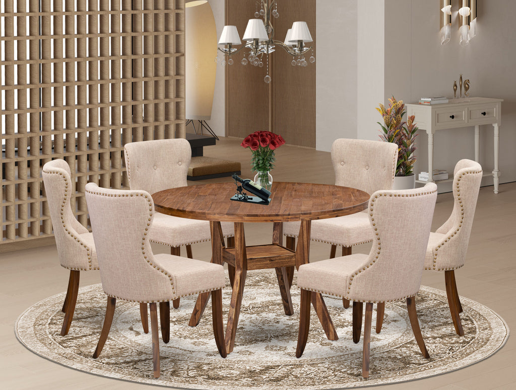 Luxe by East West Furniture I8SI7-40N-04 7 Piece Dining Set for 6 Contains a 48" Round Table with Pedestal and 6 Light Tan Linen Fabric Parson Chairs, Antique Walnut
