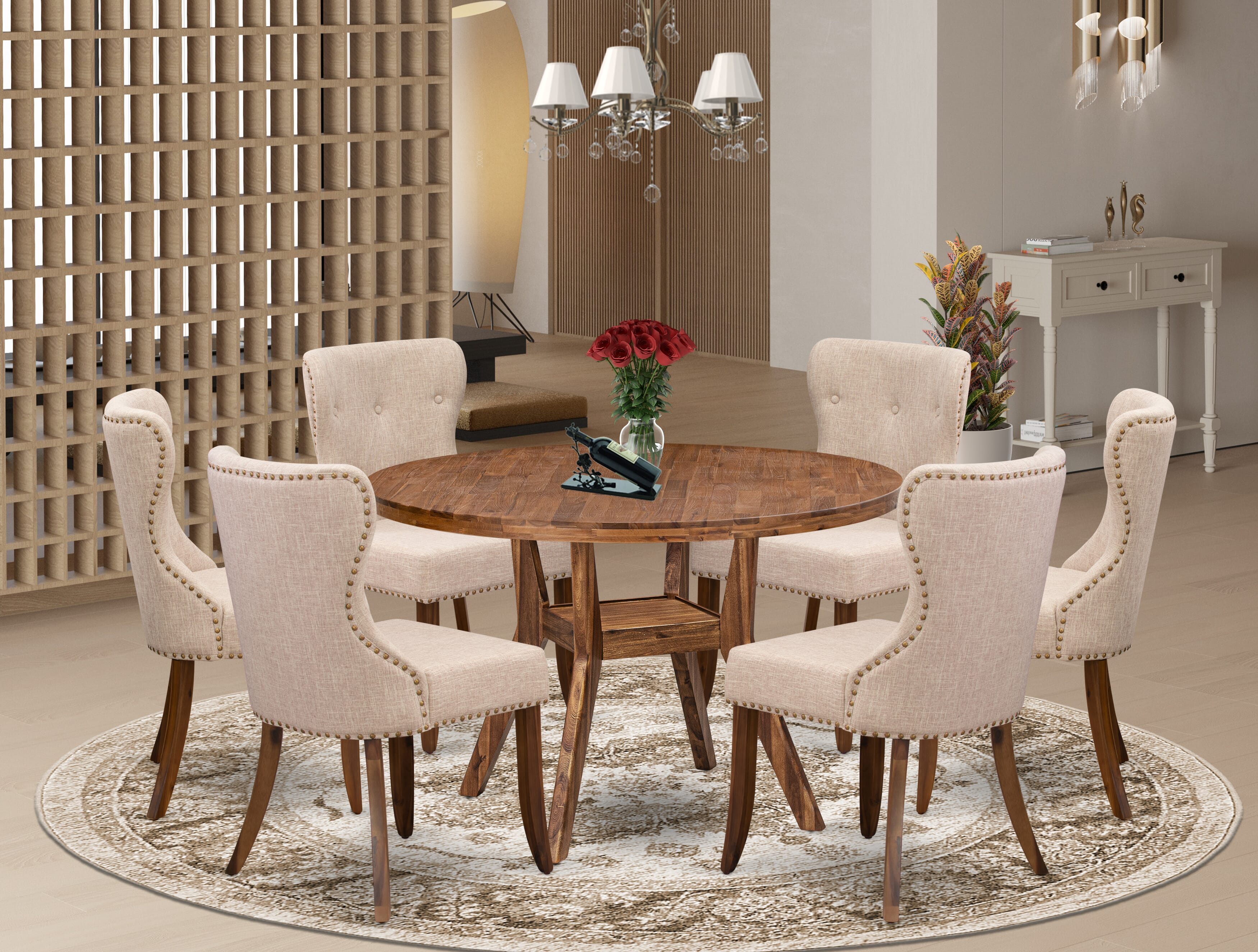 Luxe by East West Furniture I8SI7-40N-04 7 Piece Dining Set for 6 Contains a 48" Round Table with Pedestal and 6 Light Tan Linen Fabric Parson Chairs, Antique Walnut