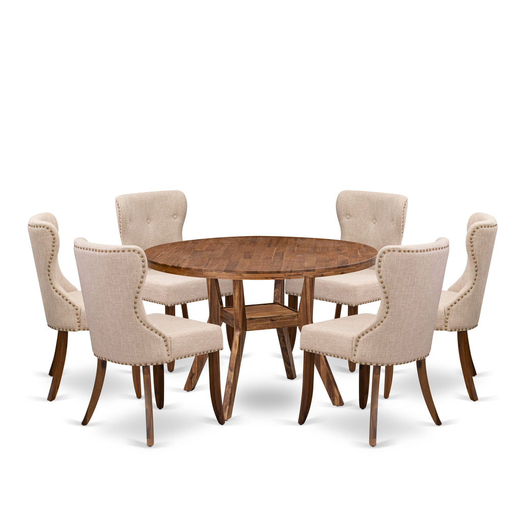 Luxe by East West Furniture I8SI7-40N-04 7 Piece Dining Set for 6 Contains a 48" Round Table with Pedestal and 6 Light Tan Linen Fabric Parson Chairs, Antique Walnut
