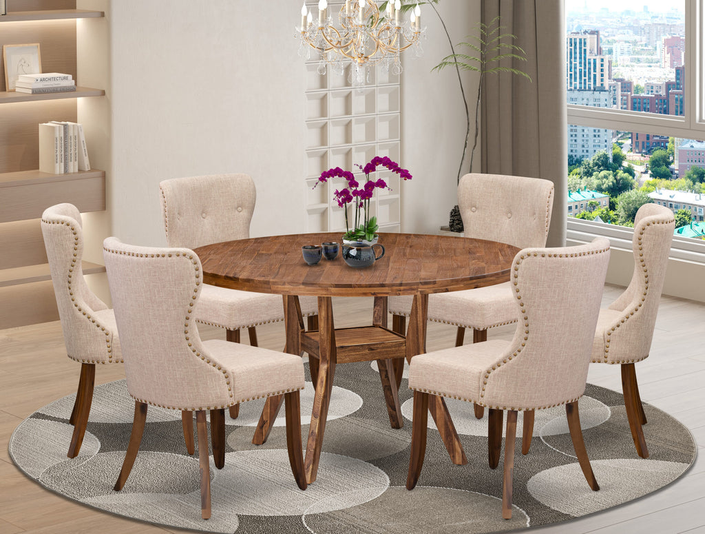 Luxe by East West Furniture I8SI7-50N-04 7 Piece Dining Set Consists of a 54" Round Kitchen Table with Pedestal and 6 Light Tan Linen Fabric Parson Chairs, Antique Walnut