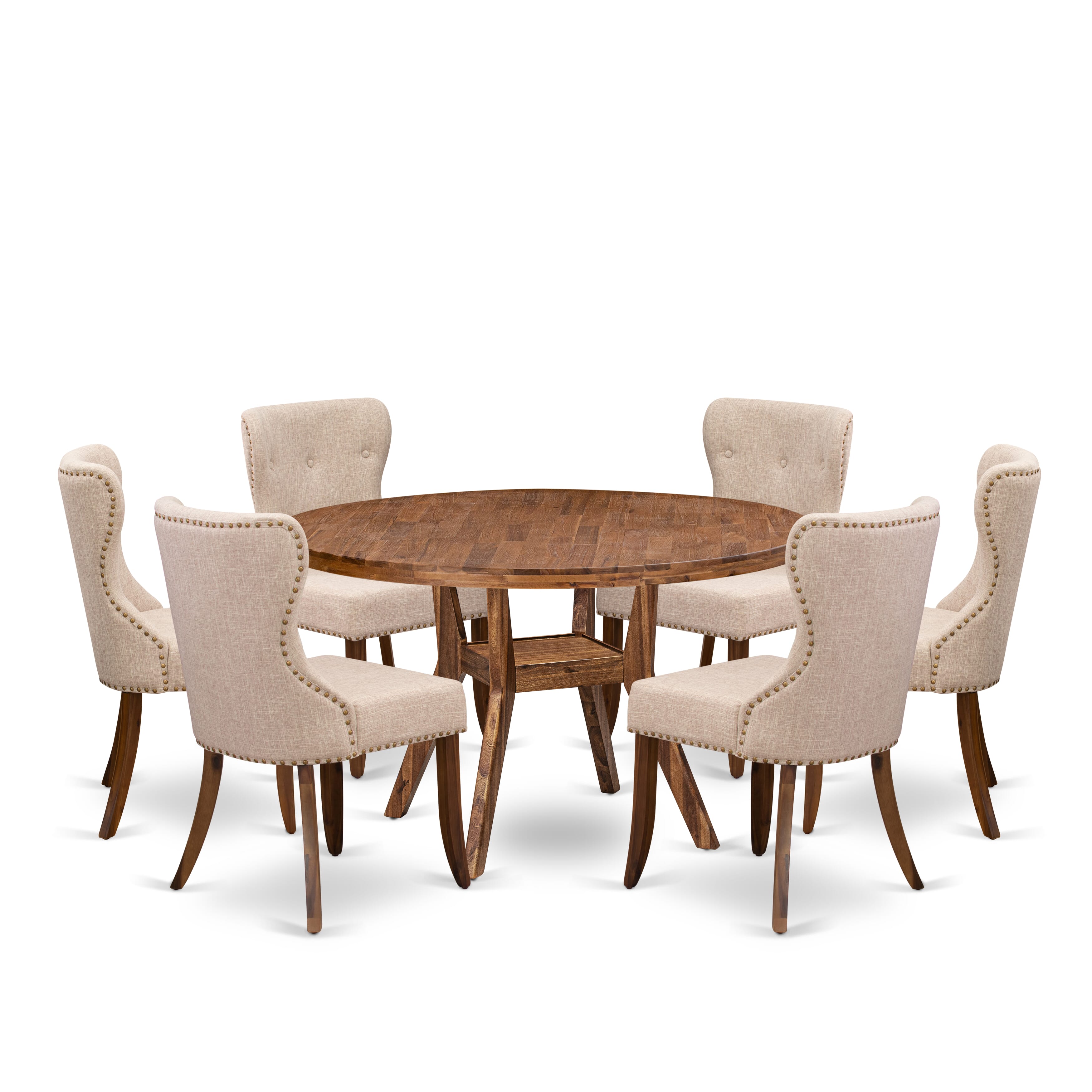 Luxe by East West Furniture I8SI7-50N-04 7 Piece Dining Set Consists of a 54" Round Kitchen Table with Pedestal and 6 Light Tan Linen Fabric Parson Chairs, Antique Walnut