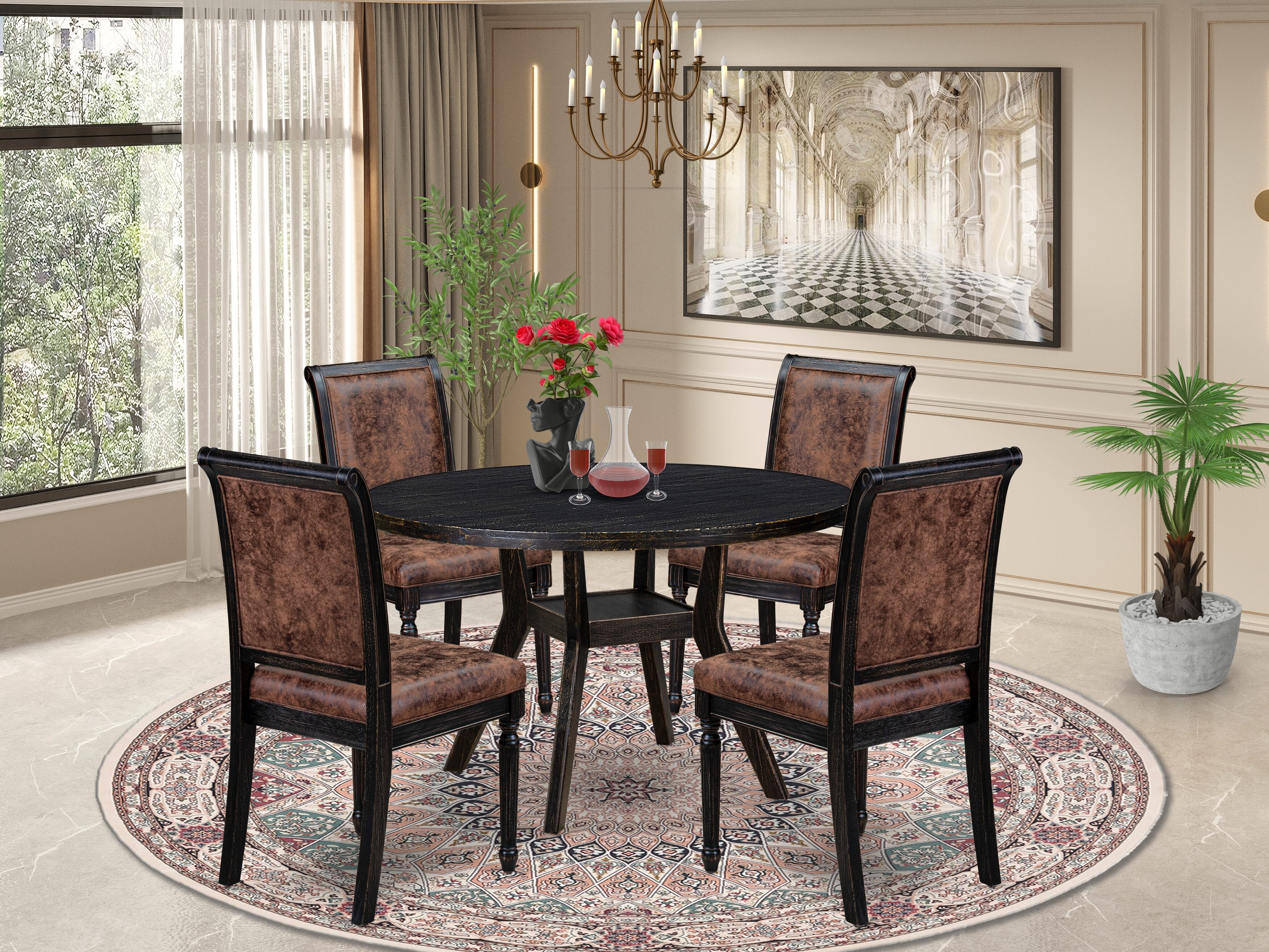 Luxe by East West Furniture I8TY5-411-33 5-Piece Dining Room Set with Polyester 4 Brown Textured Parson dining chairs, High Back, and A Dinner Table in Sand Blasting Black Finish.