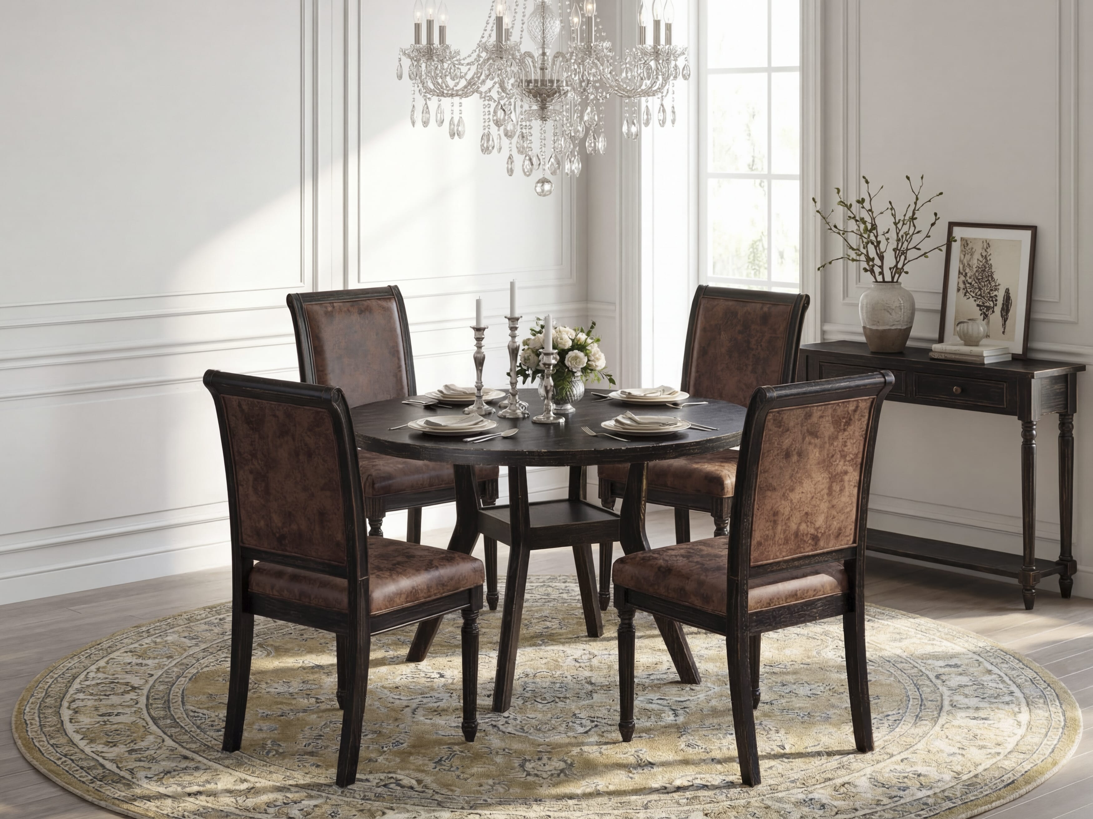 Luxe by East West Furniture I8TY5-411-33 5-Piece Dining Room Set with Polyester 4 Brown Textured Parson dining chairs, High Back, and A Dinner Table in Sand Blasting Black Finish.