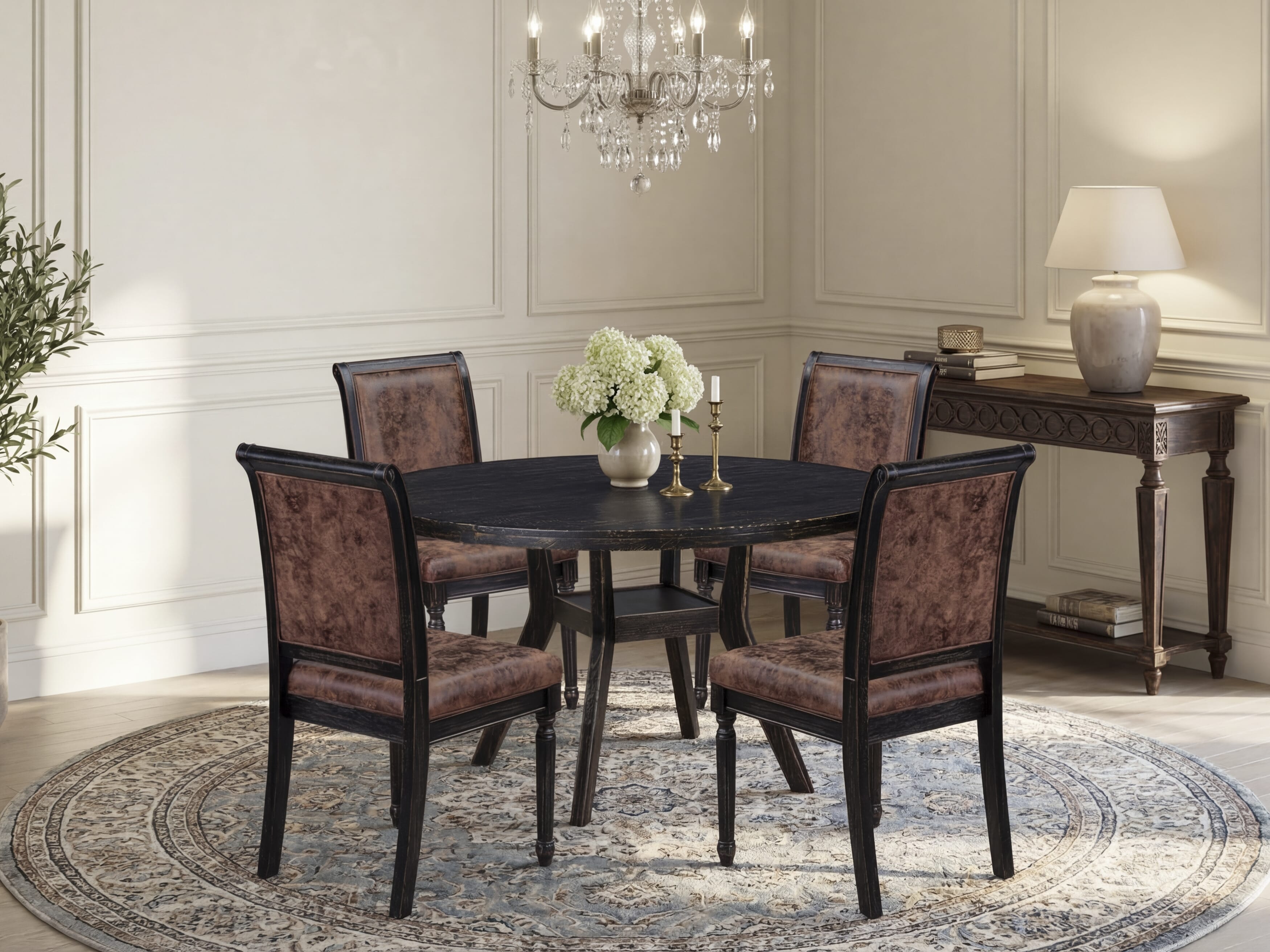 Luxe by East West Furniture I8TY5-511-33 5-Piece Kitchen Table Set with Polyester 4 Brown Textured kitchen chairs, High Back, and A Round Dining Table in Sand Blasting Black Finish.