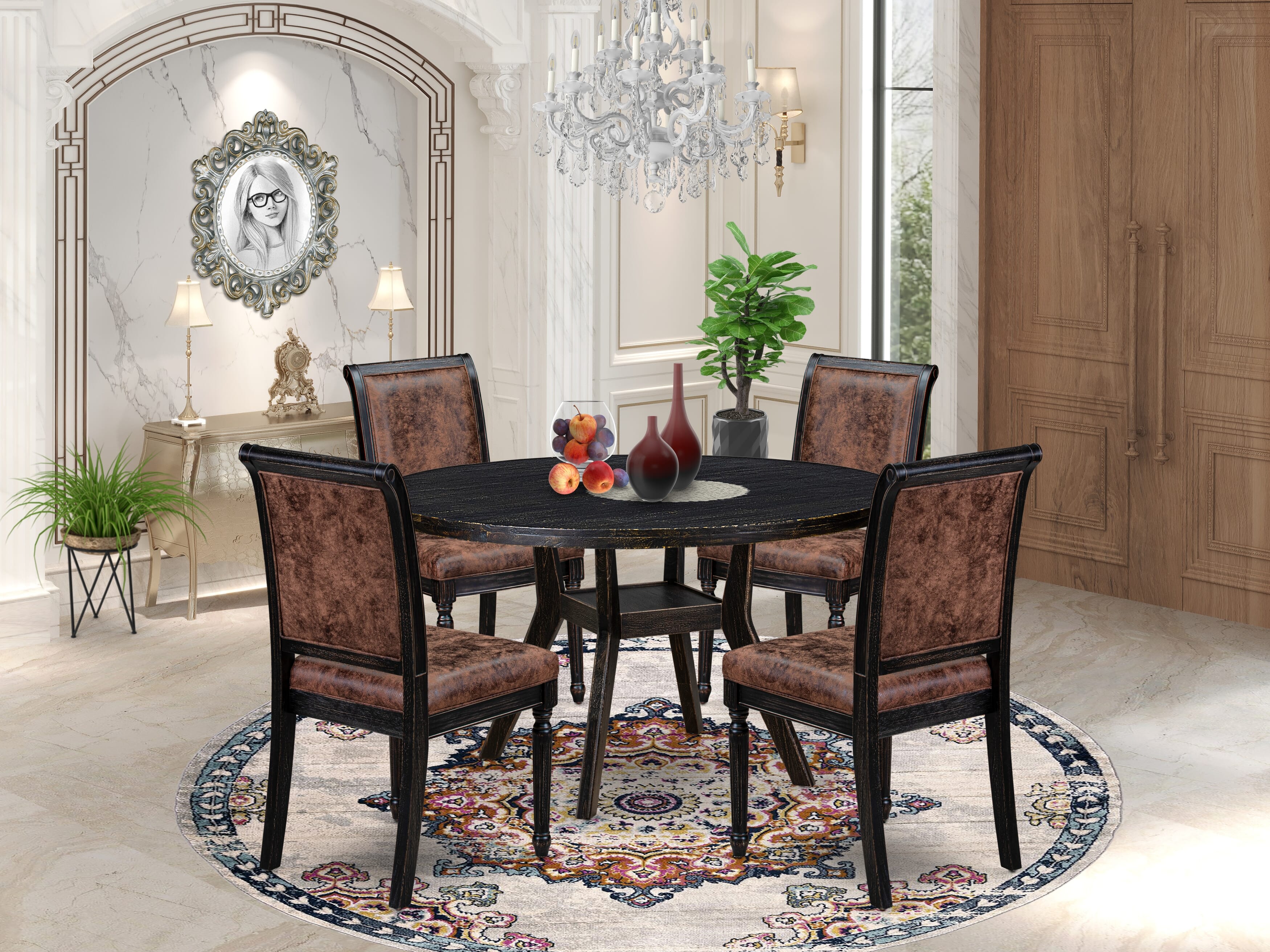 Luxe by East West Furniture I8TY5-511-33 5-Piece Kitchen Table Set with Polyester 4 Brown Textured kitchen chairs, High Back, and A Round Dining Table in Sand Blasting Black Finish.