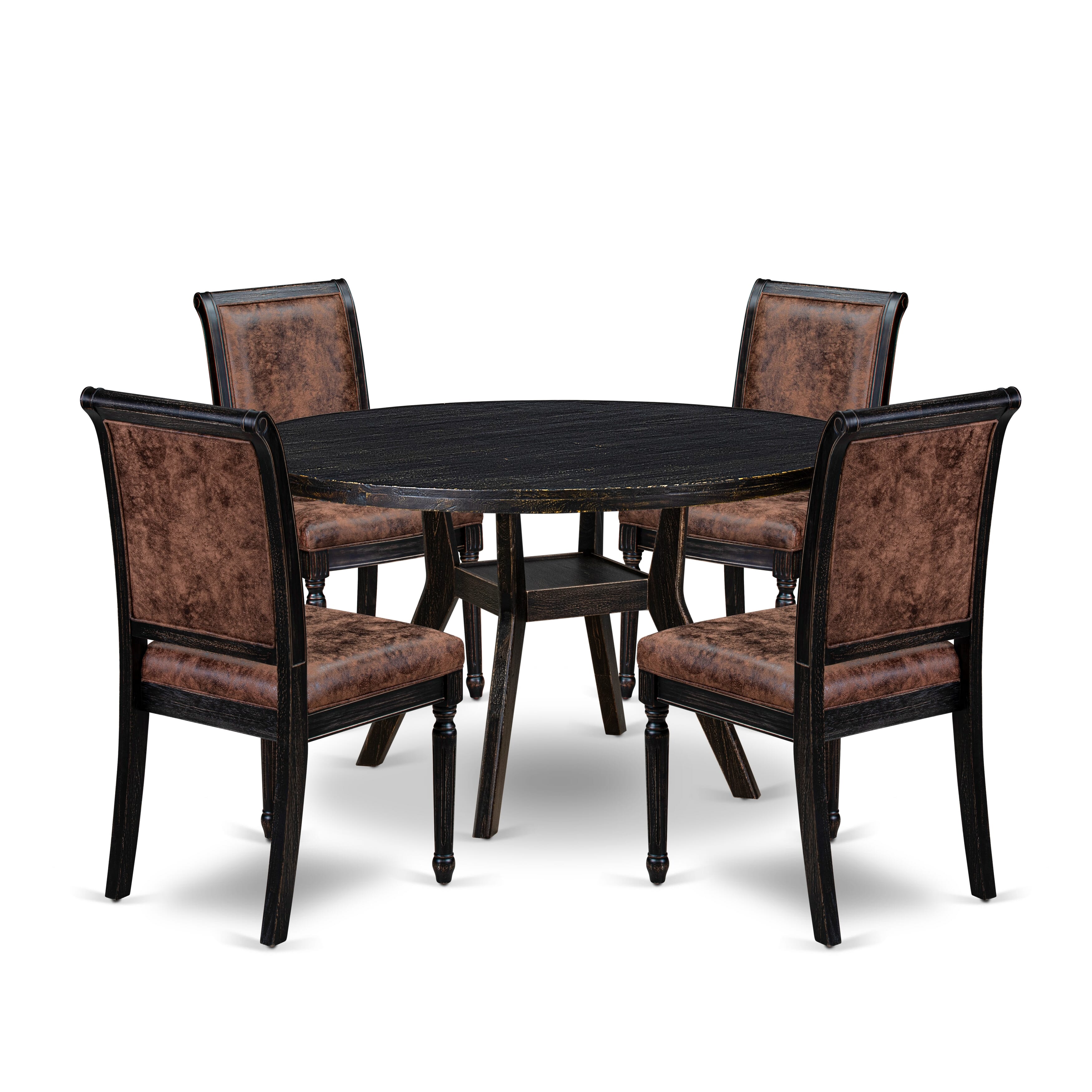 Luxe by East West Furniture I8TY5-511-33 5-Piece Kitchen Table Set with Polyester 4 Brown Textured kitchen chairs, High Back, and A Round Dining Table in Sand Blasting Black Finish.