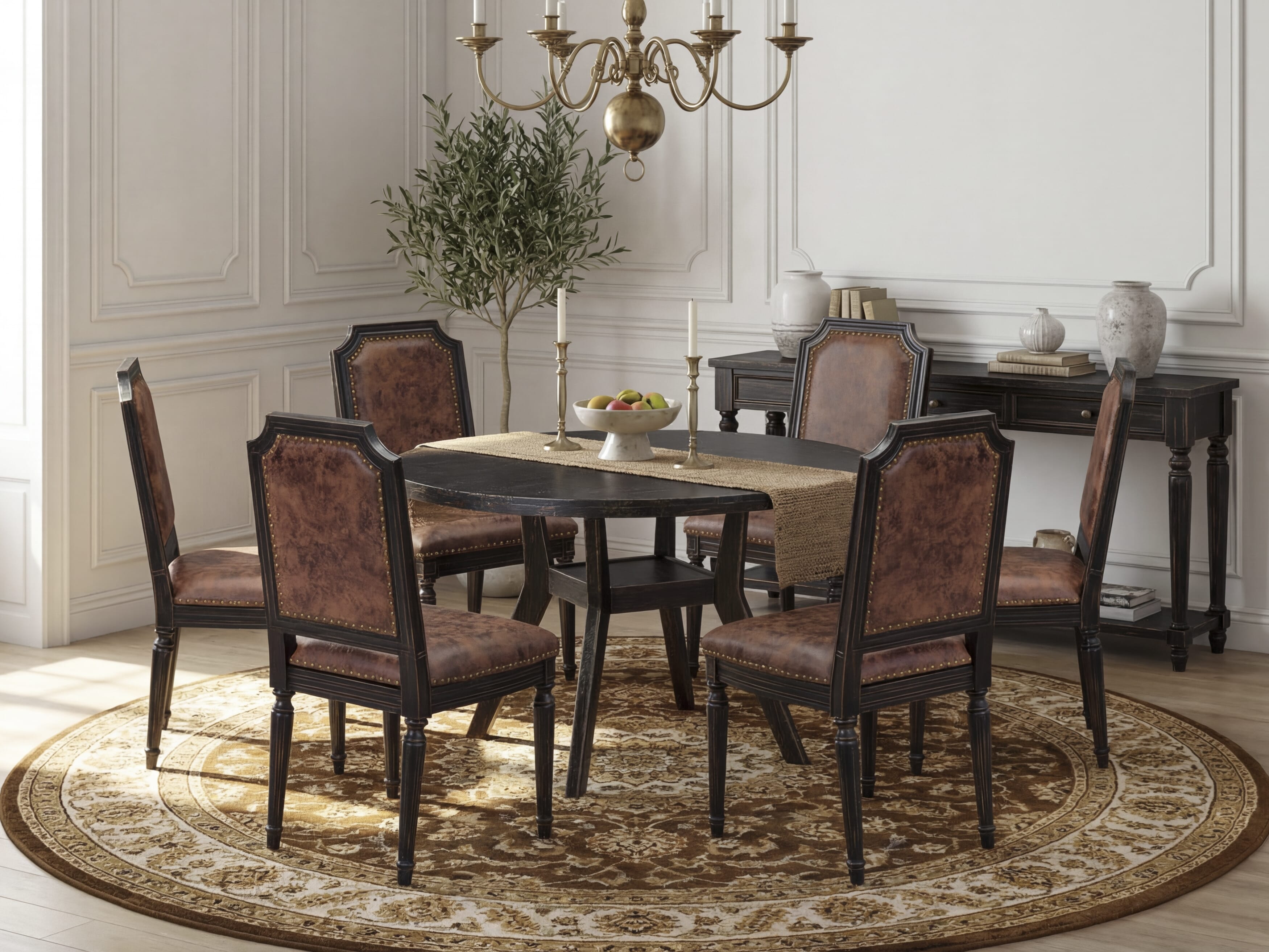 Luxe by East West Furniture I8TY7-411-33 7-Piece Dining Set with Polyester 6 Brown Textured dining chairs, High Back, and A Breakfast Table in Sand Blasting Black Finish.
