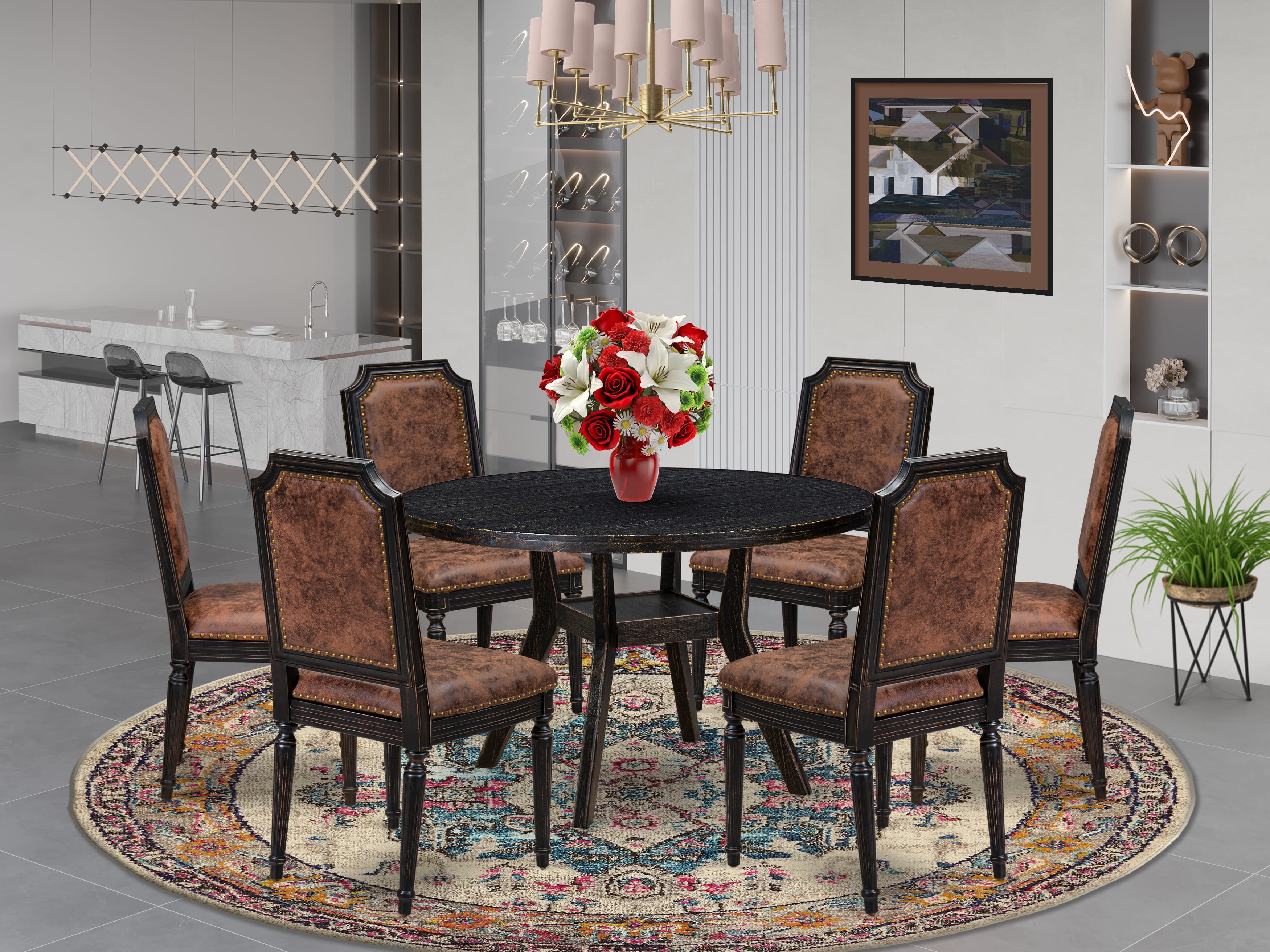 Luxe by East West Furniture I8TY7-411-33 7-Piece Dining Set with Polyester 6 Brown Textured dining chairs, High Back, and A Breakfast Table in Sand Blasting Black Finish.