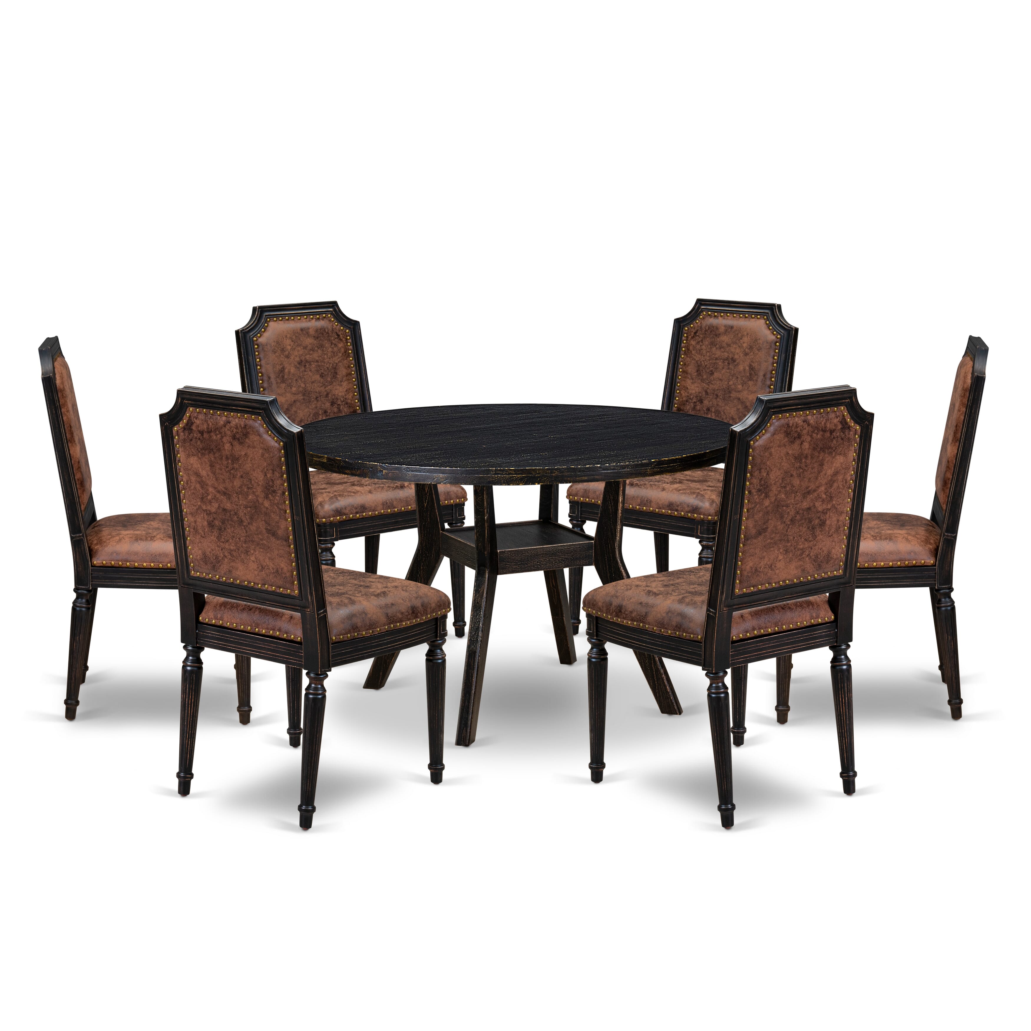 Luxe by East West Furniture I8TY7-411-33 7-Piece Dining Set with Polyester 6 Brown Textured dining chairs, High Back, and A Breakfast Table in Sand Blasting Black Finish.