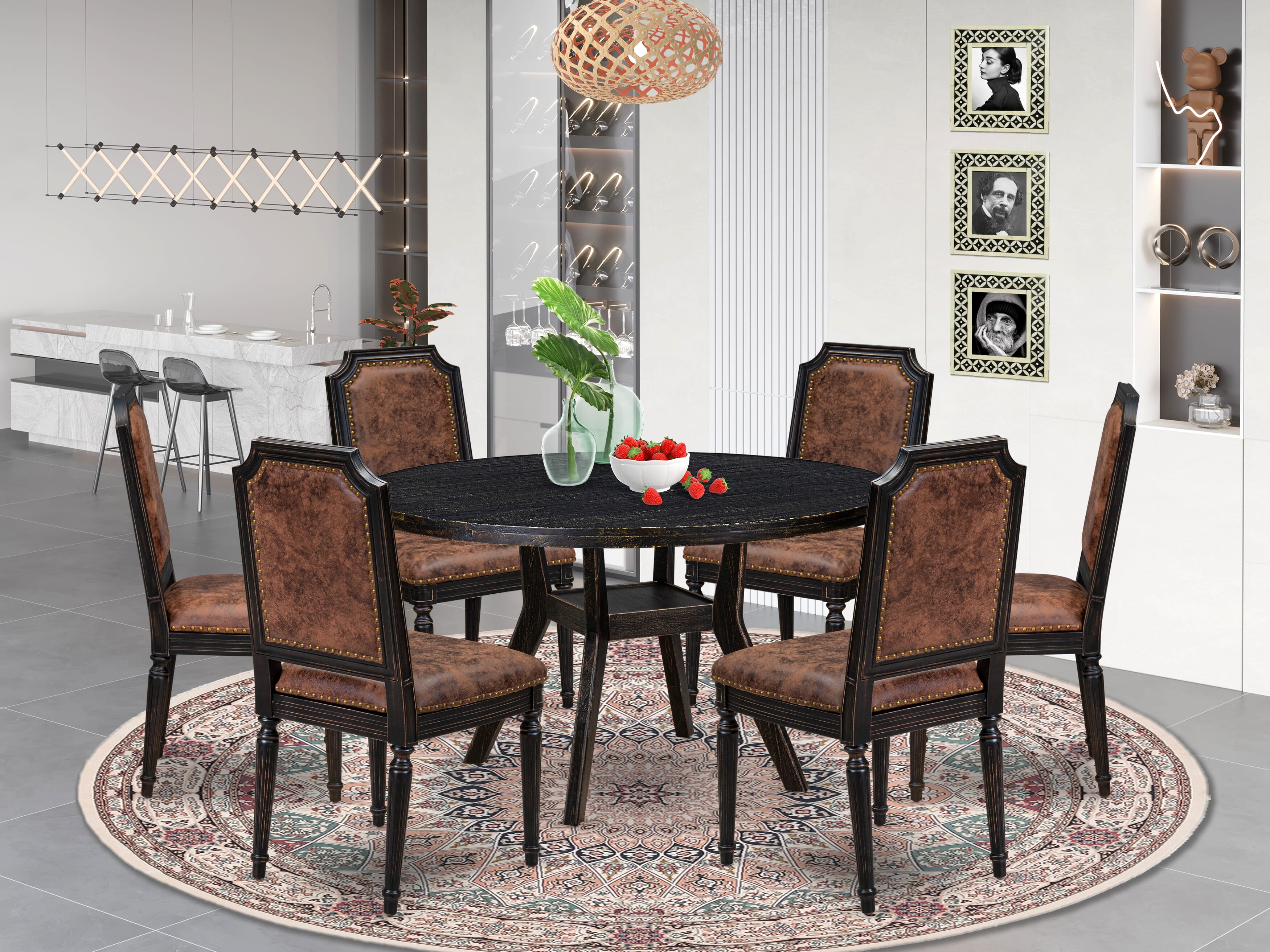 Luxe by East West Furniture I8TY7-511-33 7-Piece Kitchen Set with Polyester 6 Brown Textured dining room chairs, High Back, and A Modern Kitchen Table in Sand Blasting Black Finish.